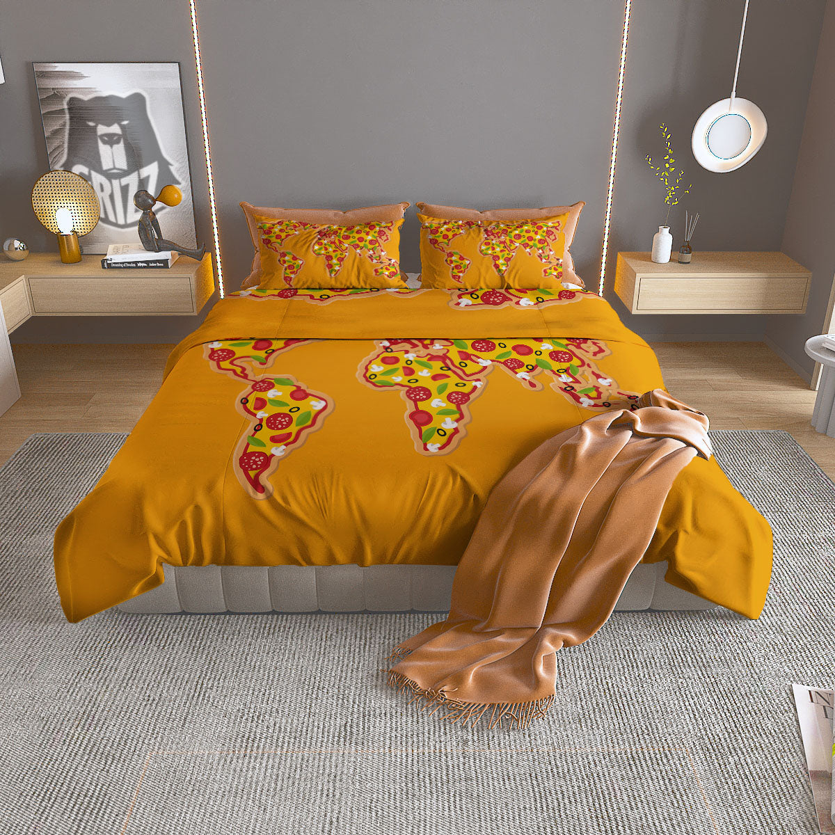 World Map Pizza Print Duvet Cover Bedding Set