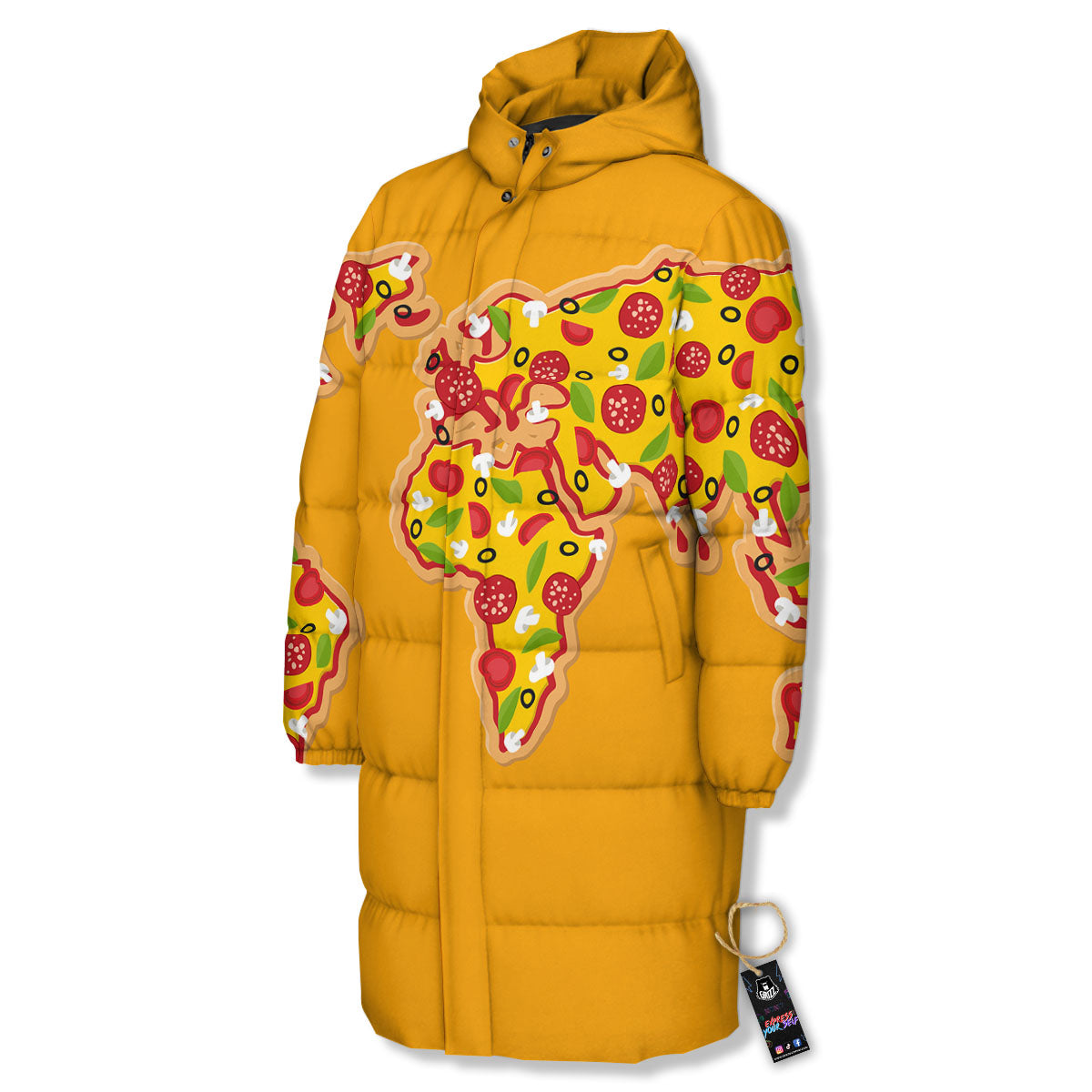 World Map Pizza Print Long Down Jacket-grizzshop