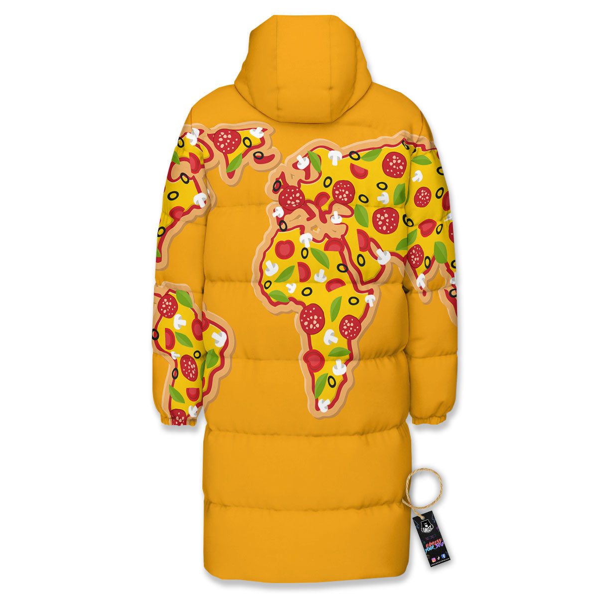 World Map Pizza Print Long Down Jacket-grizzshop