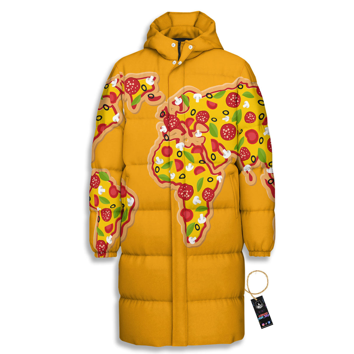 World Map Pizza Print Long Down Jacket-grizzshop