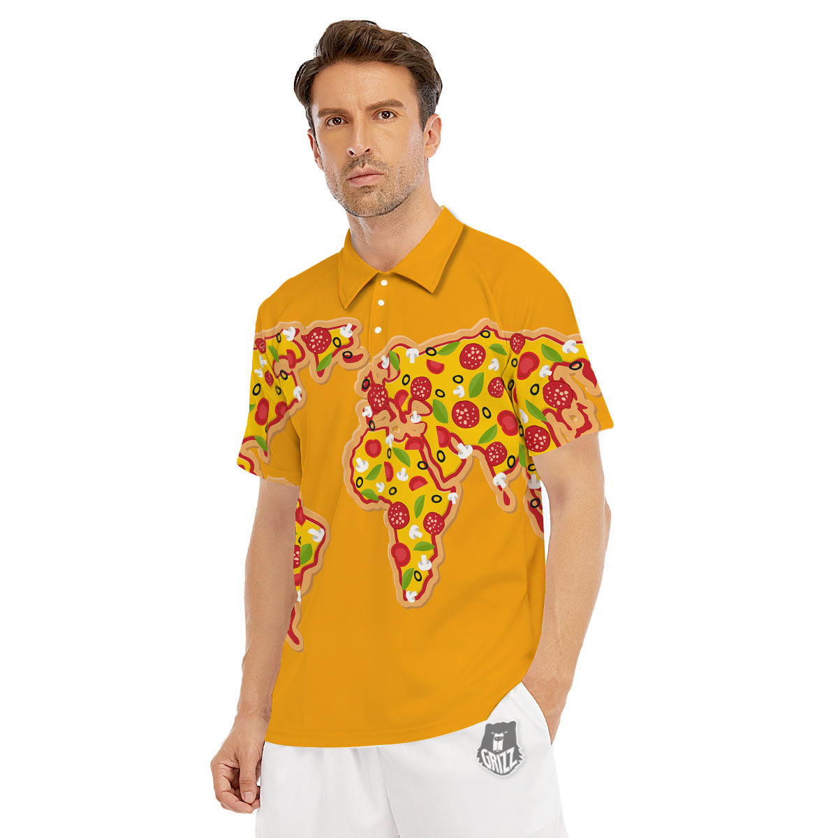 World Map Pizza Print Men's Golf Shirts-grizzshop