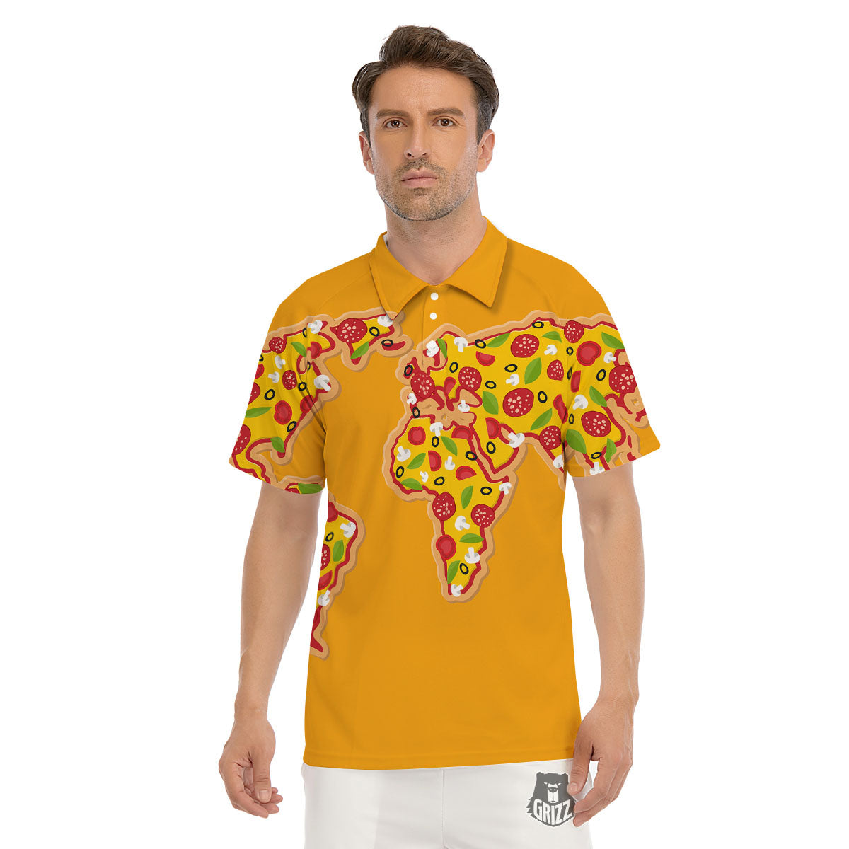World Map Pizza Print Men's Golf Shirts-grizzshop