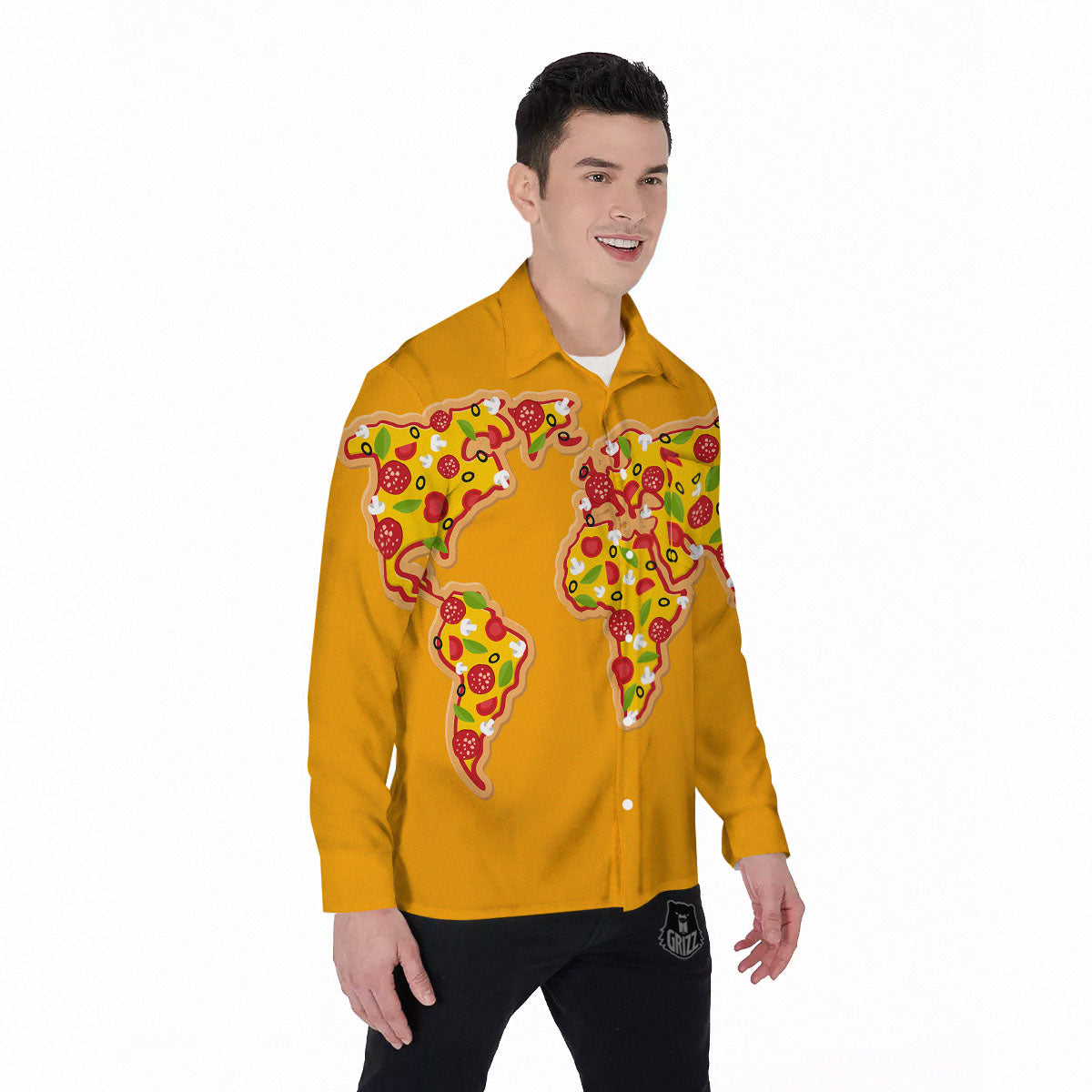 World Map Pizza Print Men's Long Sleeve Shirts-grizzshop