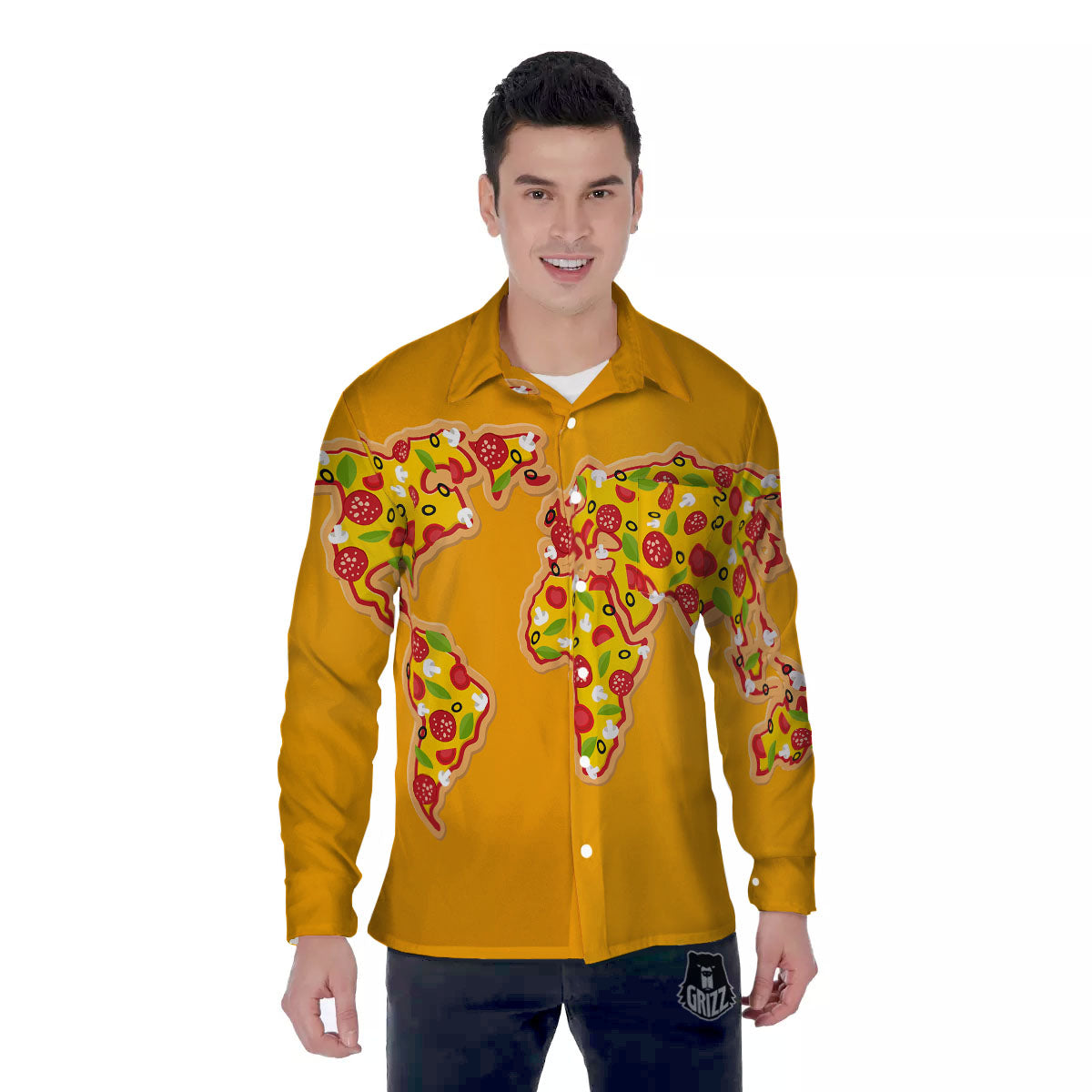 World Map Pizza Print Men's Long Sleeve Shirts-grizzshop