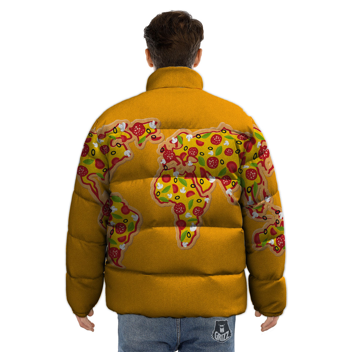 World Map Pizza Print Puffer Jacket-grizzshop
