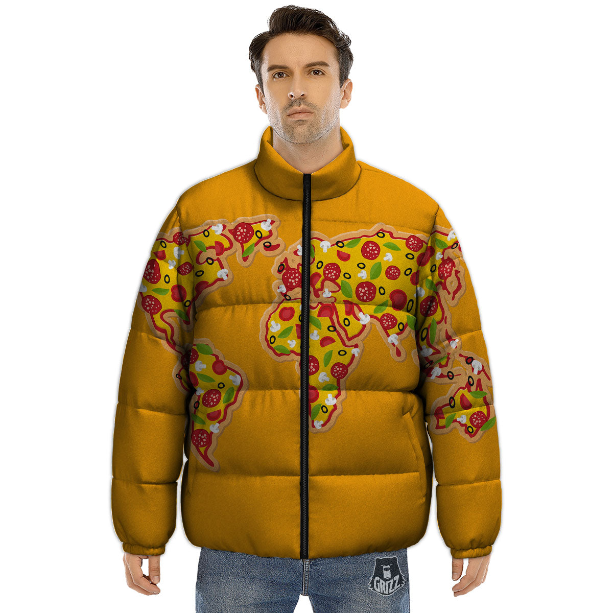 World Map Pizza Print Puffer Jacket-grizzshop