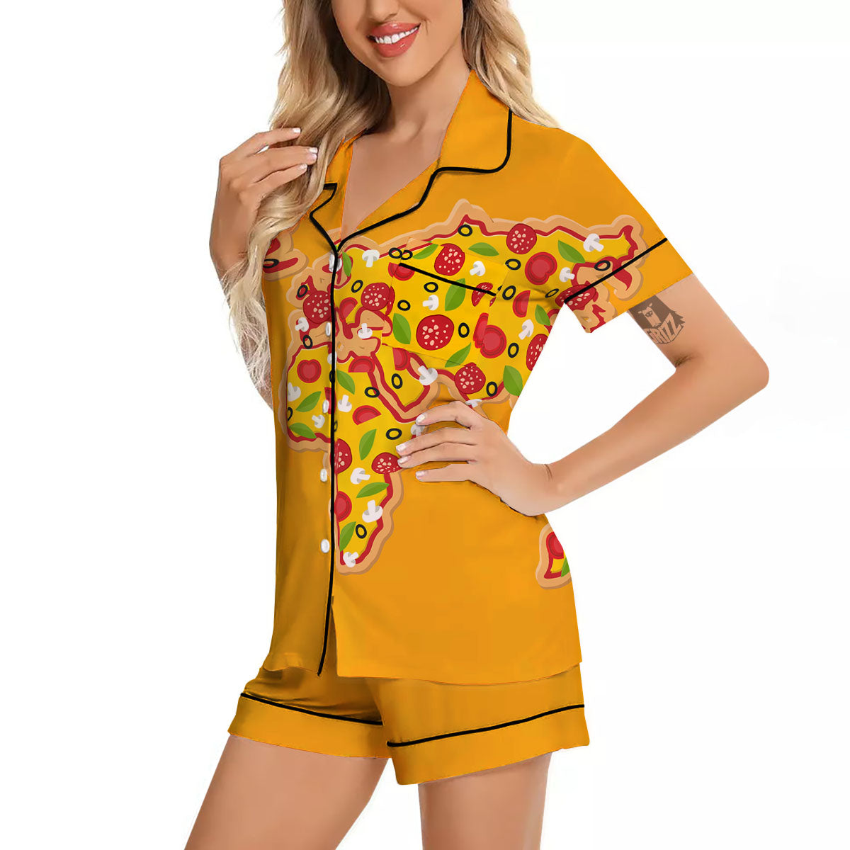 World Map Pizza Print Women Silk Pajamas-grizzshop
