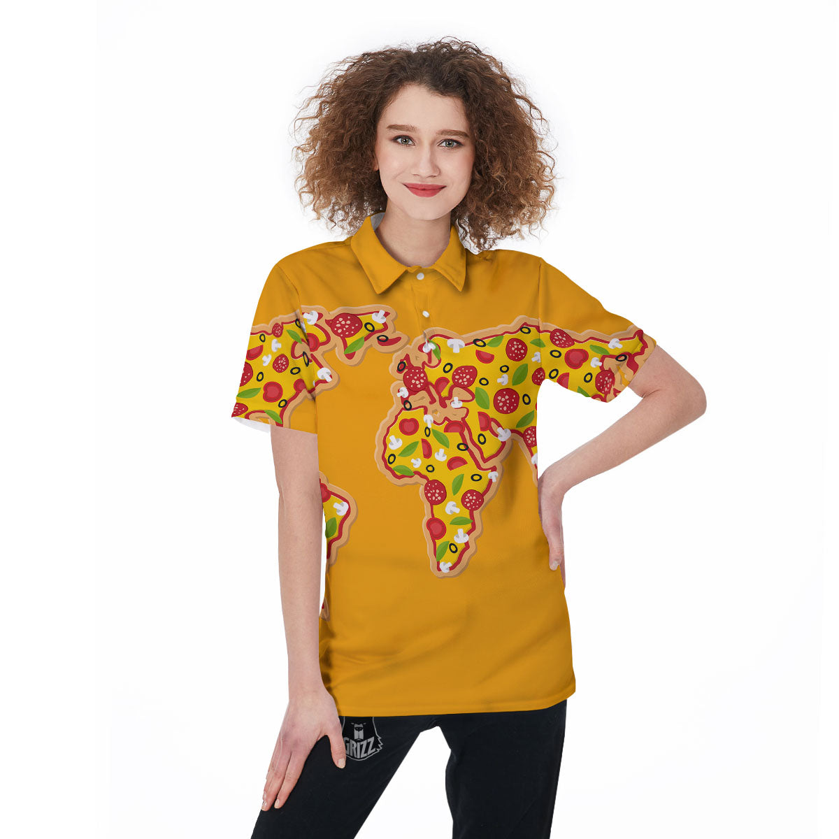 World Map Pizza Print Women's Golf Shirts-grizzshop