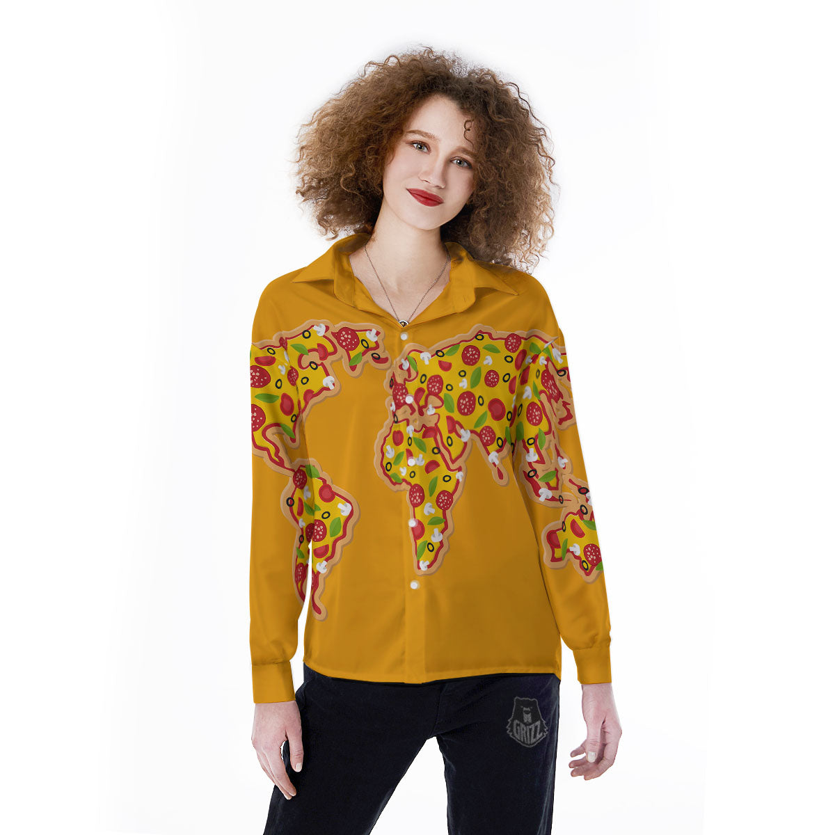 World Map Pizza Print Women's Long Sleeve Shirts-grizzshop