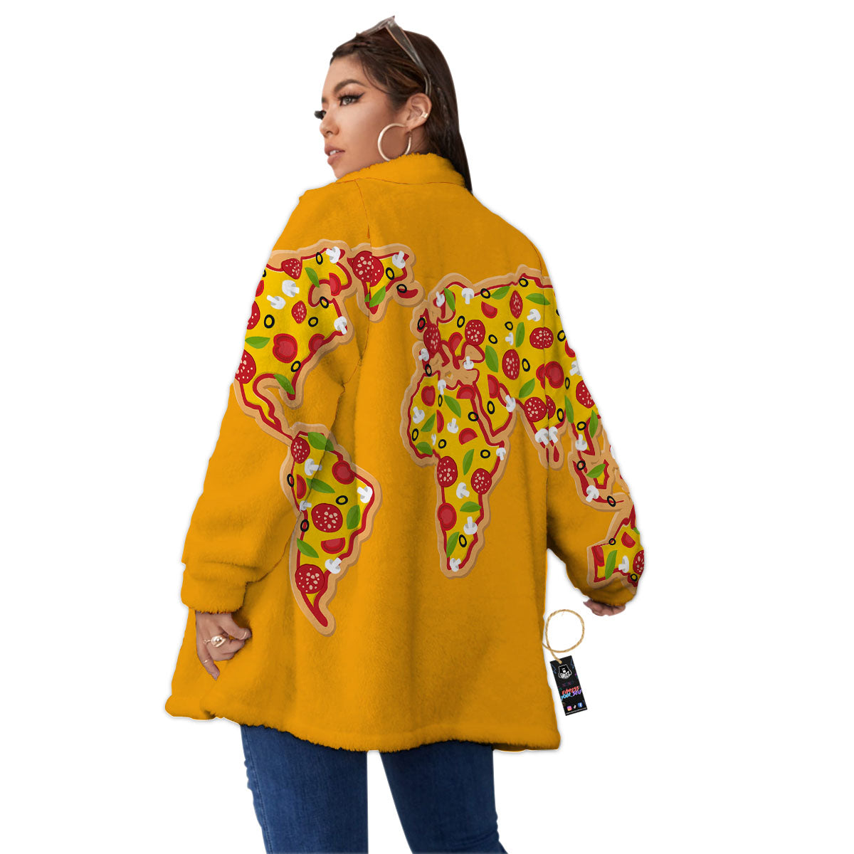 World Map Pizza Print Women's Sherpa Jacket-grizzshop