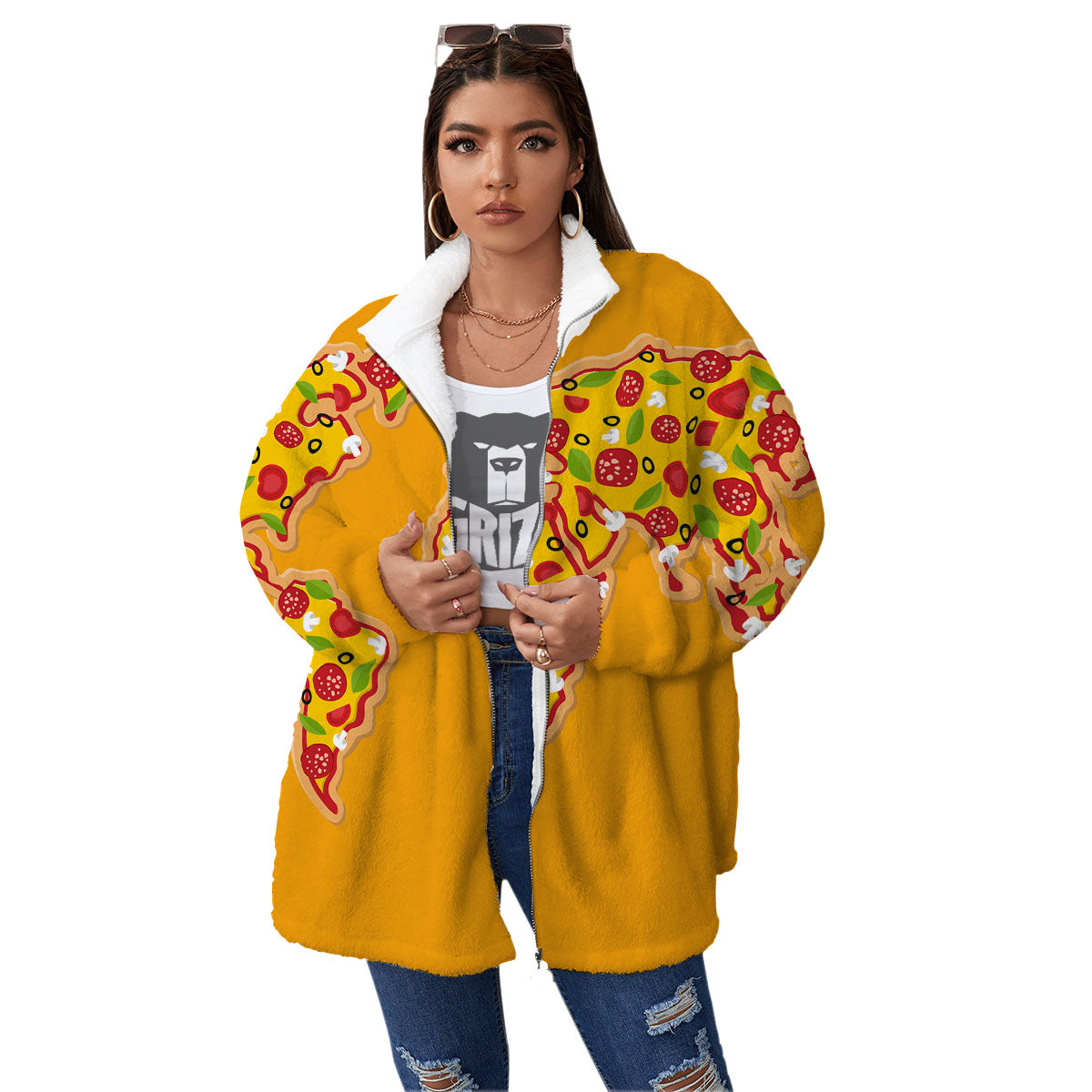 World Map Pizza Print Women's Sherpa Jacket-grizzshop