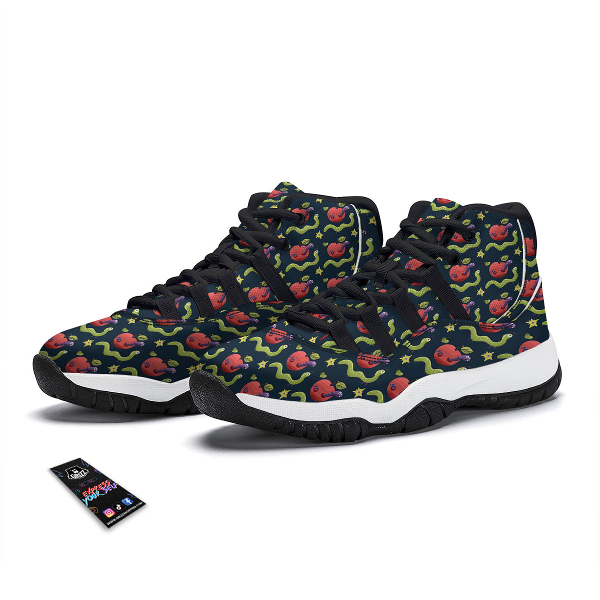 Worm And Apple Print Pattern Black Bball Shoes-grizzshop