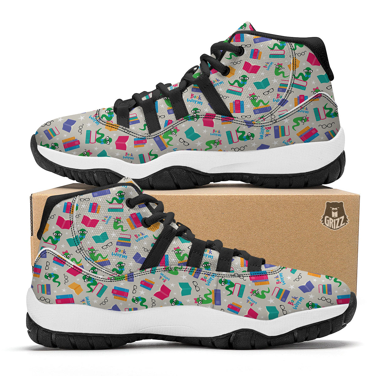 Worm And Colorful Books Print Pattern Black Bball Shoes-grizzshop