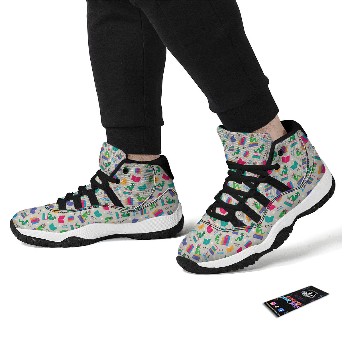 Worm And Colorful Books Print Pattern Black Bball Shoes-grizzshop