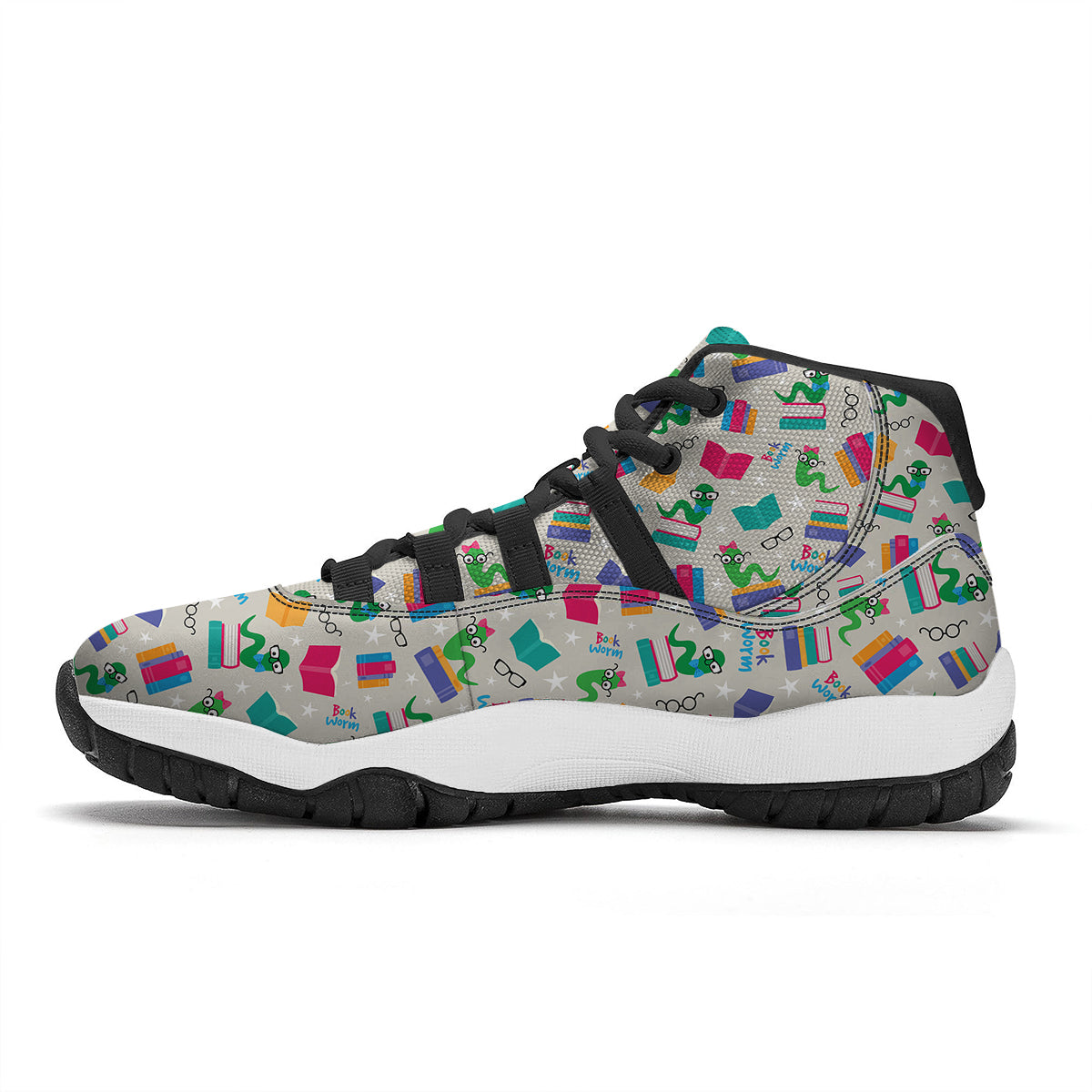 Worm And Colorful Books Print Pattern Black Bball Shoes-grizzshop