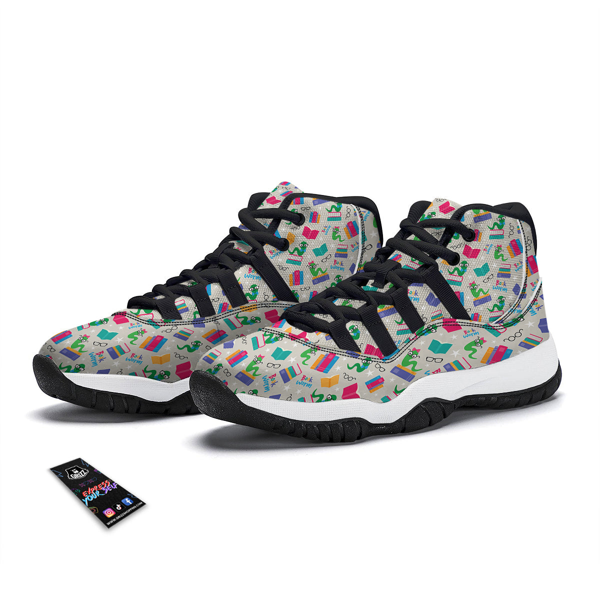 Worm And Colorful Books Print Pattern Black Bball Shoes-grizzshop