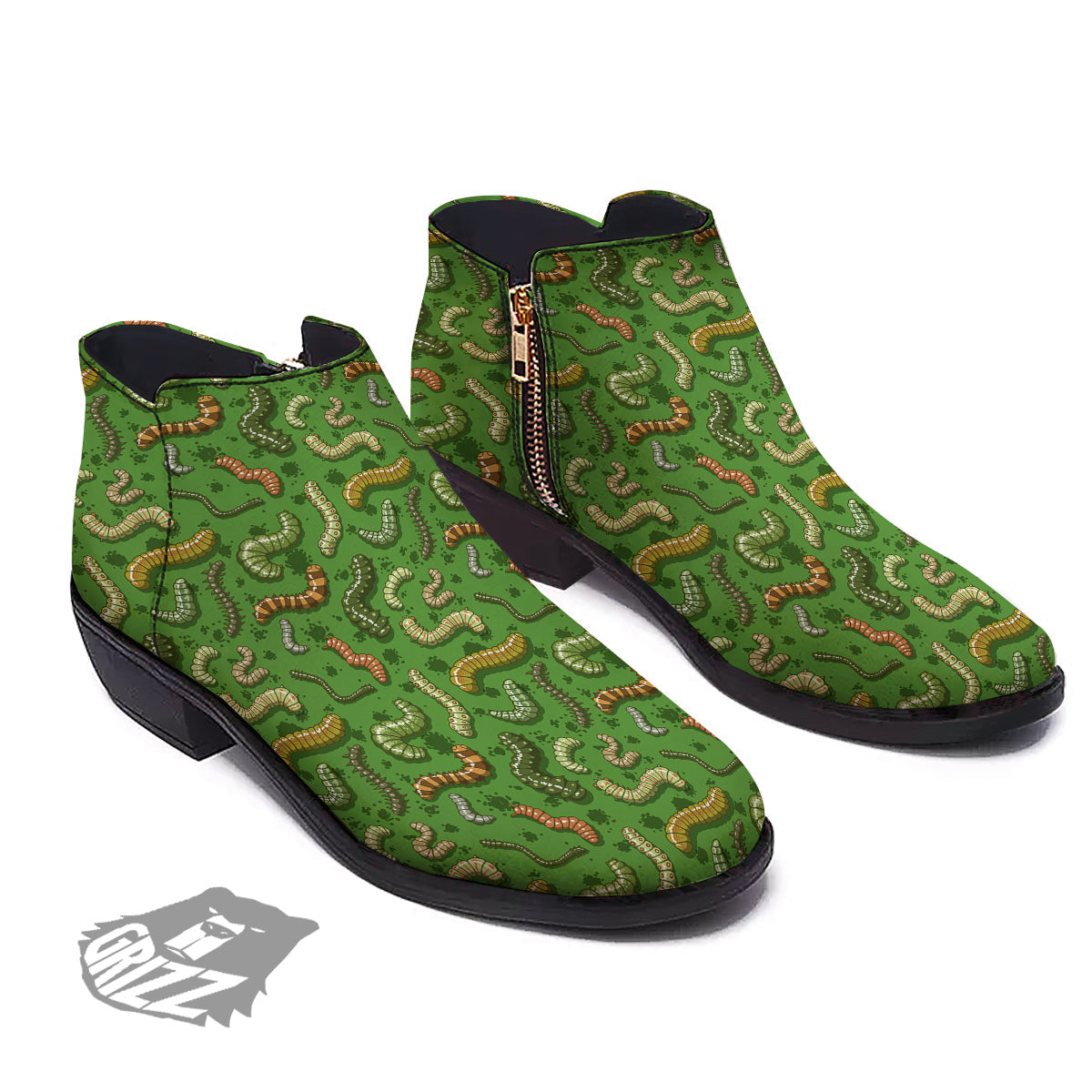 Worm Insect Green Print Pattern Ankle Boots-grizzshop