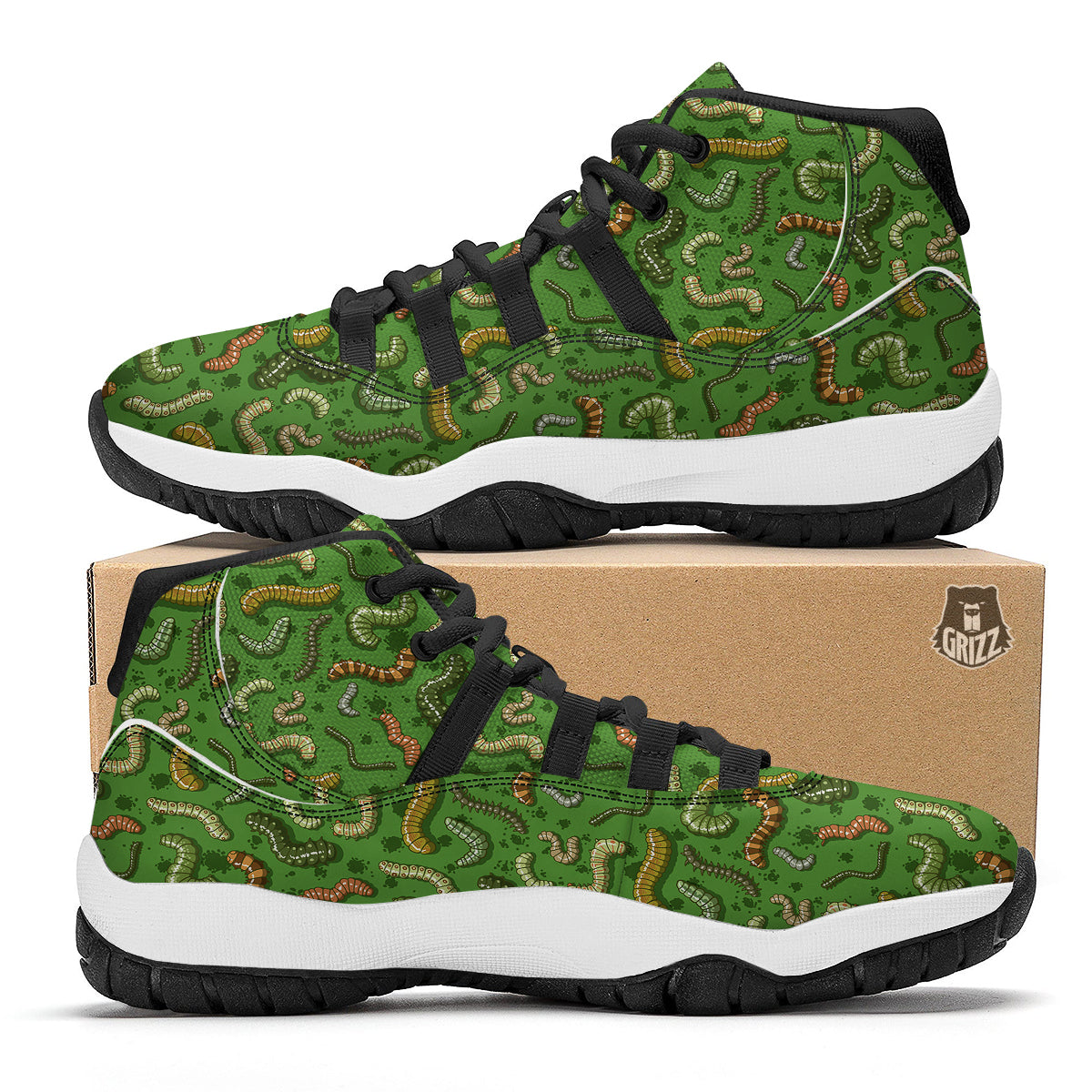 Worm Insect Green Print Pattern Black Bball Shoes-grizzshop