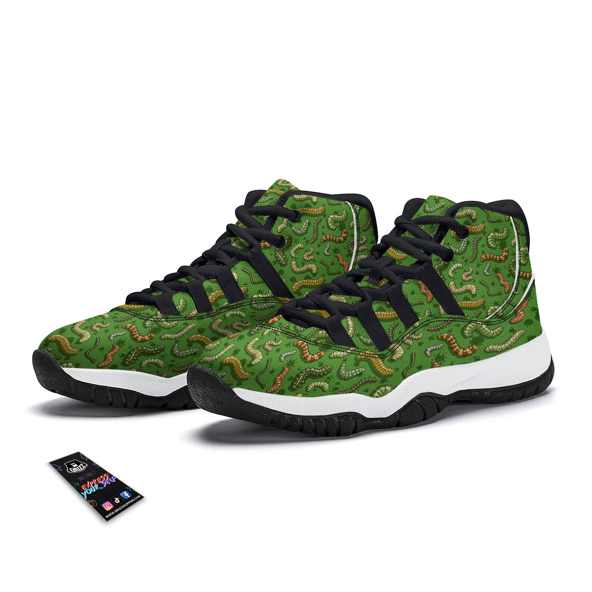 Worm Insect Green Print Pattern Black Bball Shoes-grizzshop