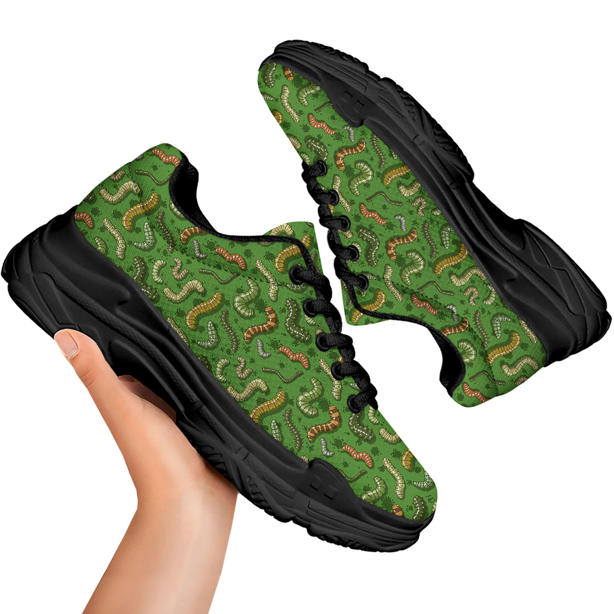 Worm Insect Green Print Pattern Black Chunky Shoes-grizzshop