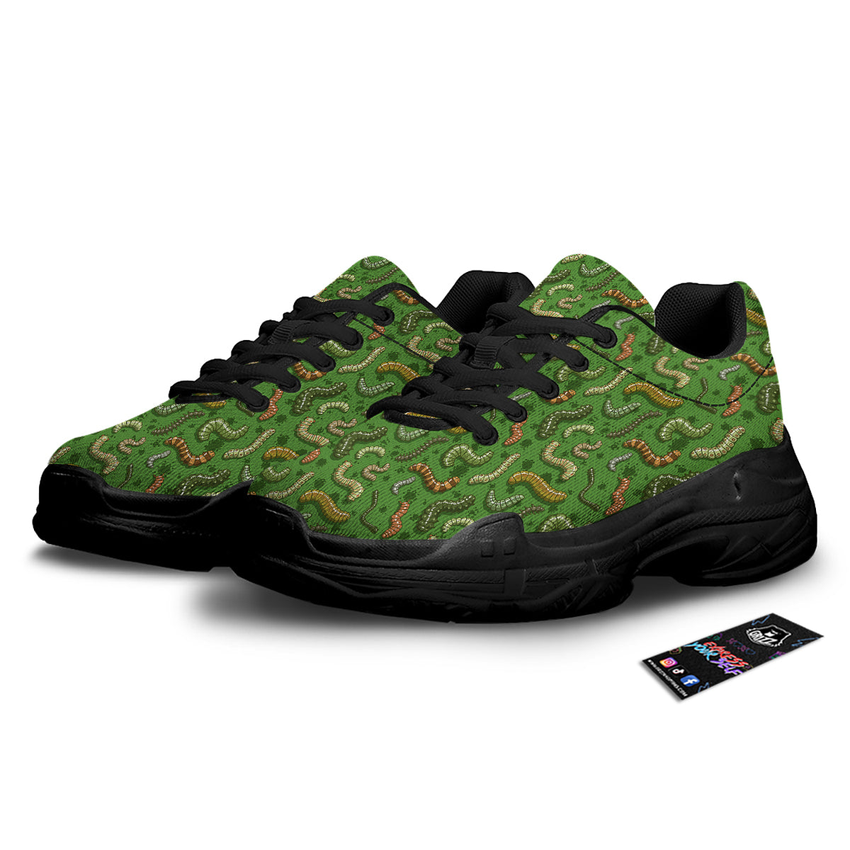 Worm Insect Green Print Pattern Black Chunky Shoes-grizzshop