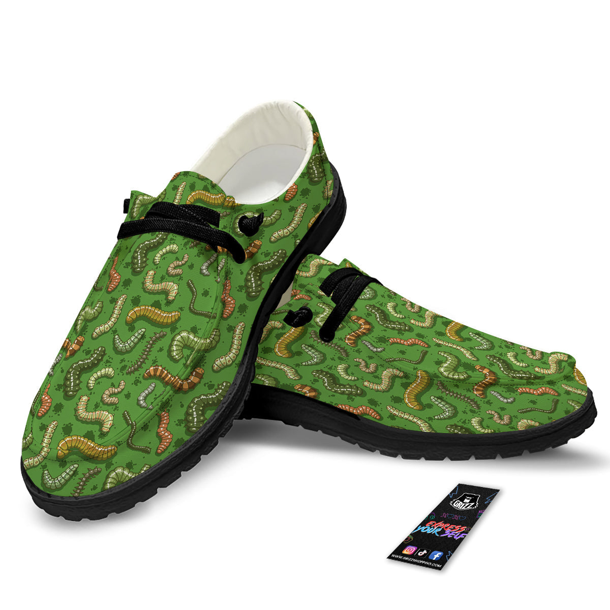 Worm Insect Green Print Pattern Black Loafers-grizzshop