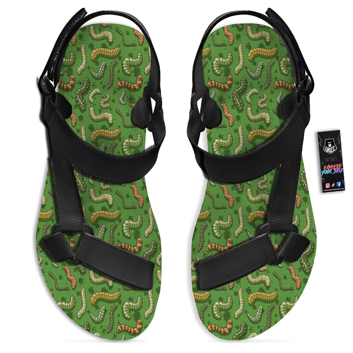 Worm Insect Green Print Pattern Black Open Toe Sandals-grizzshop