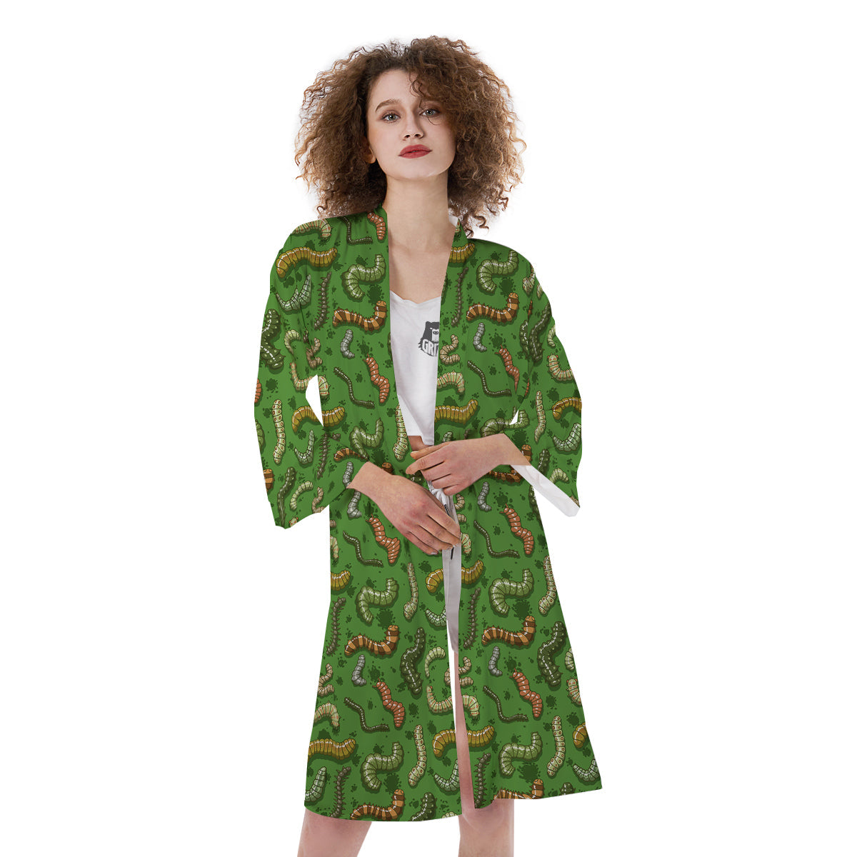 Worm Insect Green Print Pattern Kimono-grizzshop
