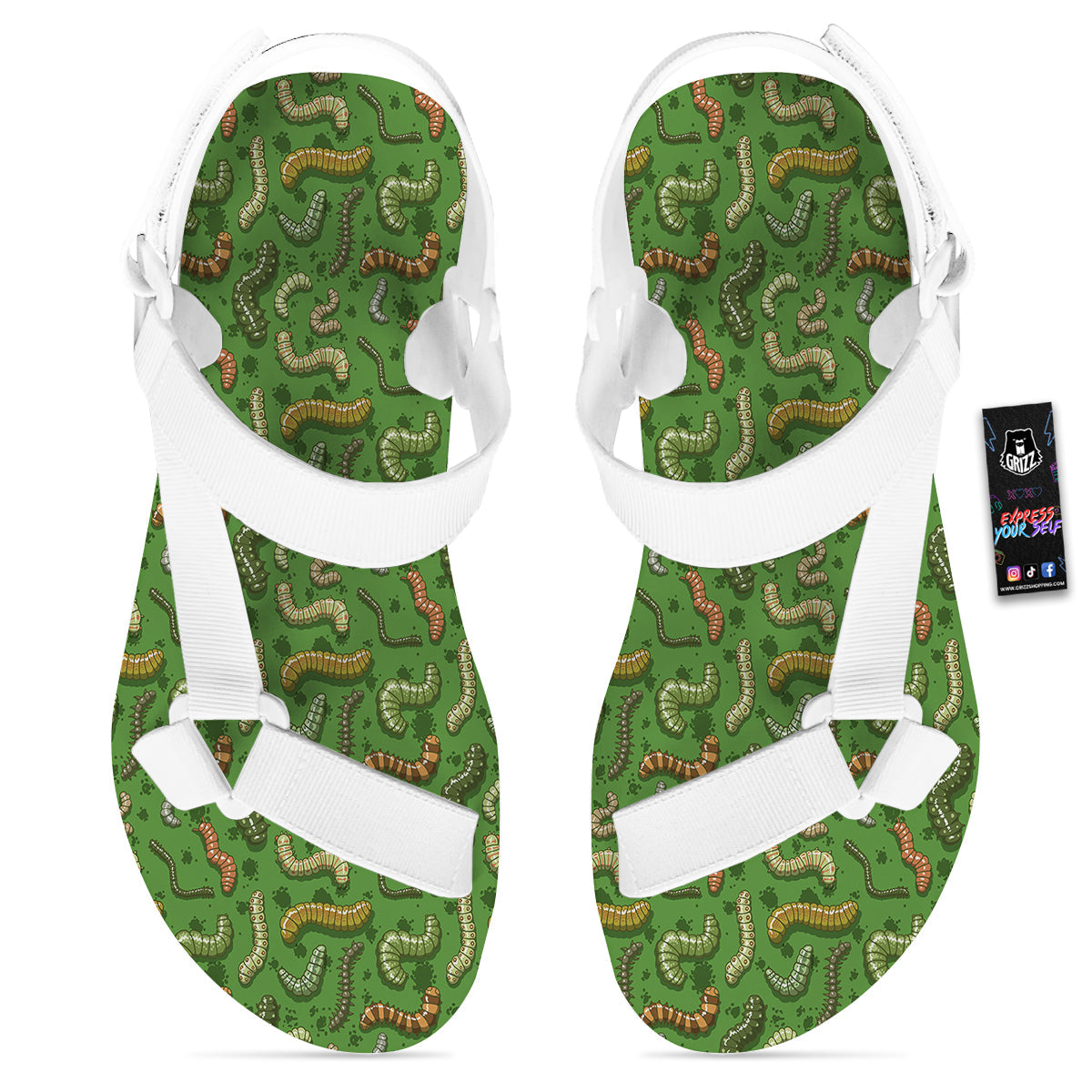Worm Insect Green Print Pattern White Open Toe Sandals-grizzshop