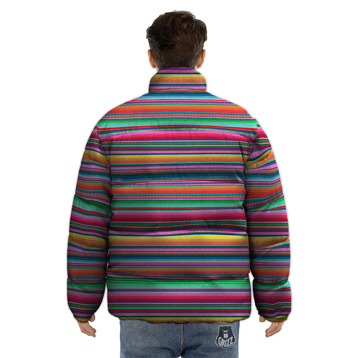 Woven Ethnic Mexican Print Pattern Puffer Jacket-grizzshop