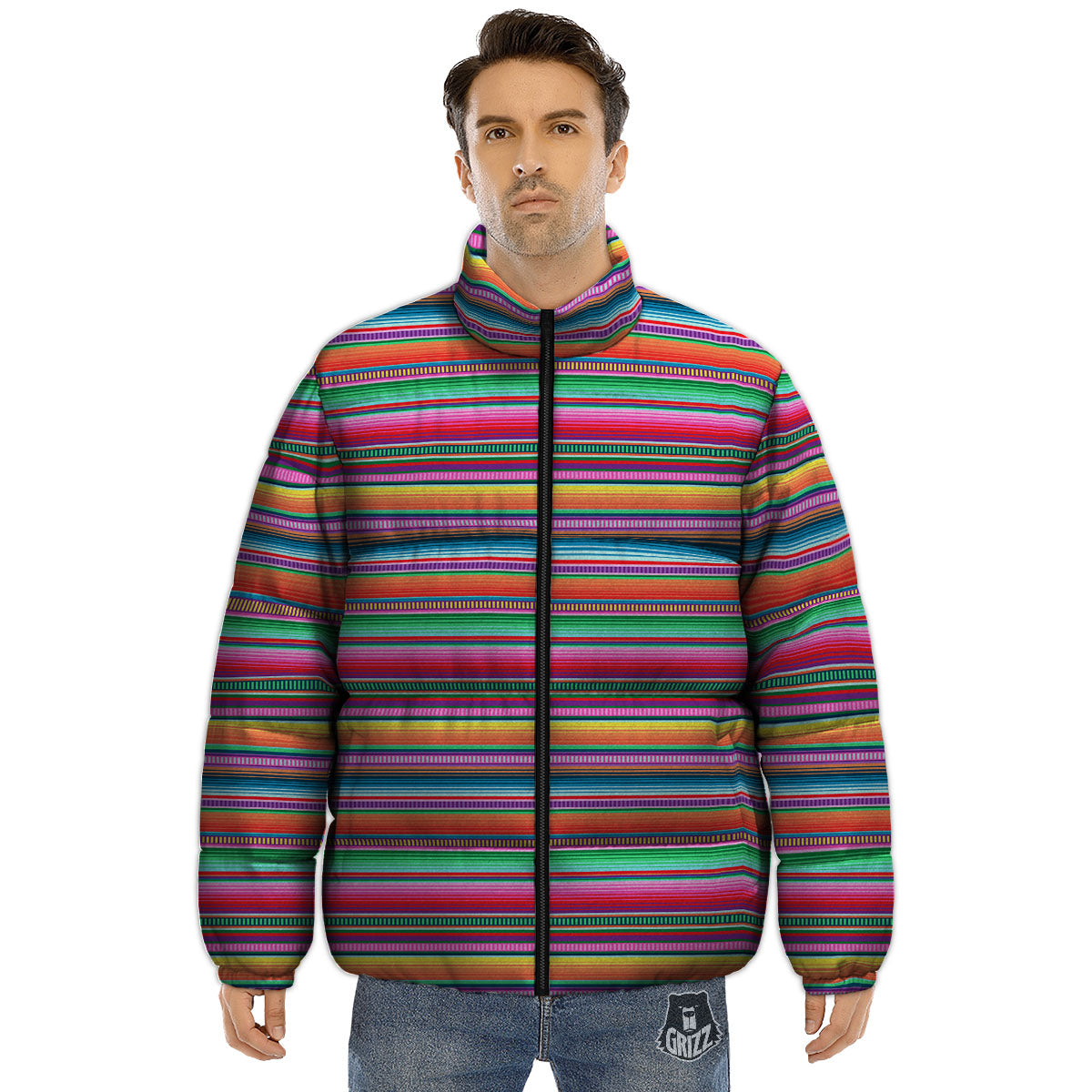 Woven Ethnic Mexican Print Pattern Puffer Jacket-grizzshop