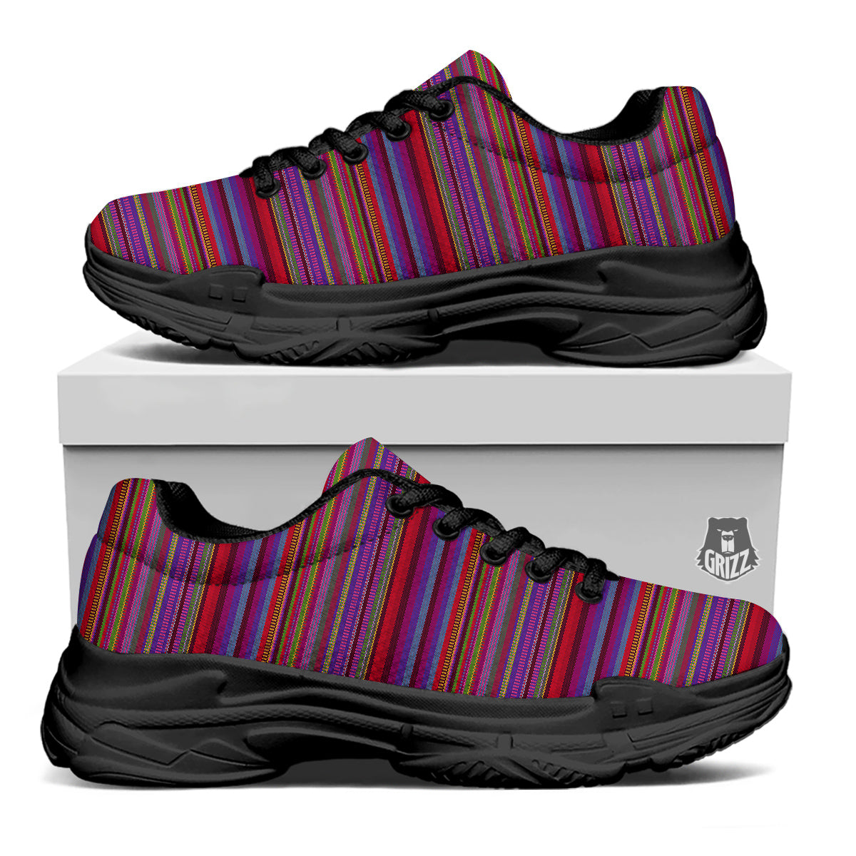 Woven Mexican Colorful Print Pattern Black Chunky Shoes-grizzshop