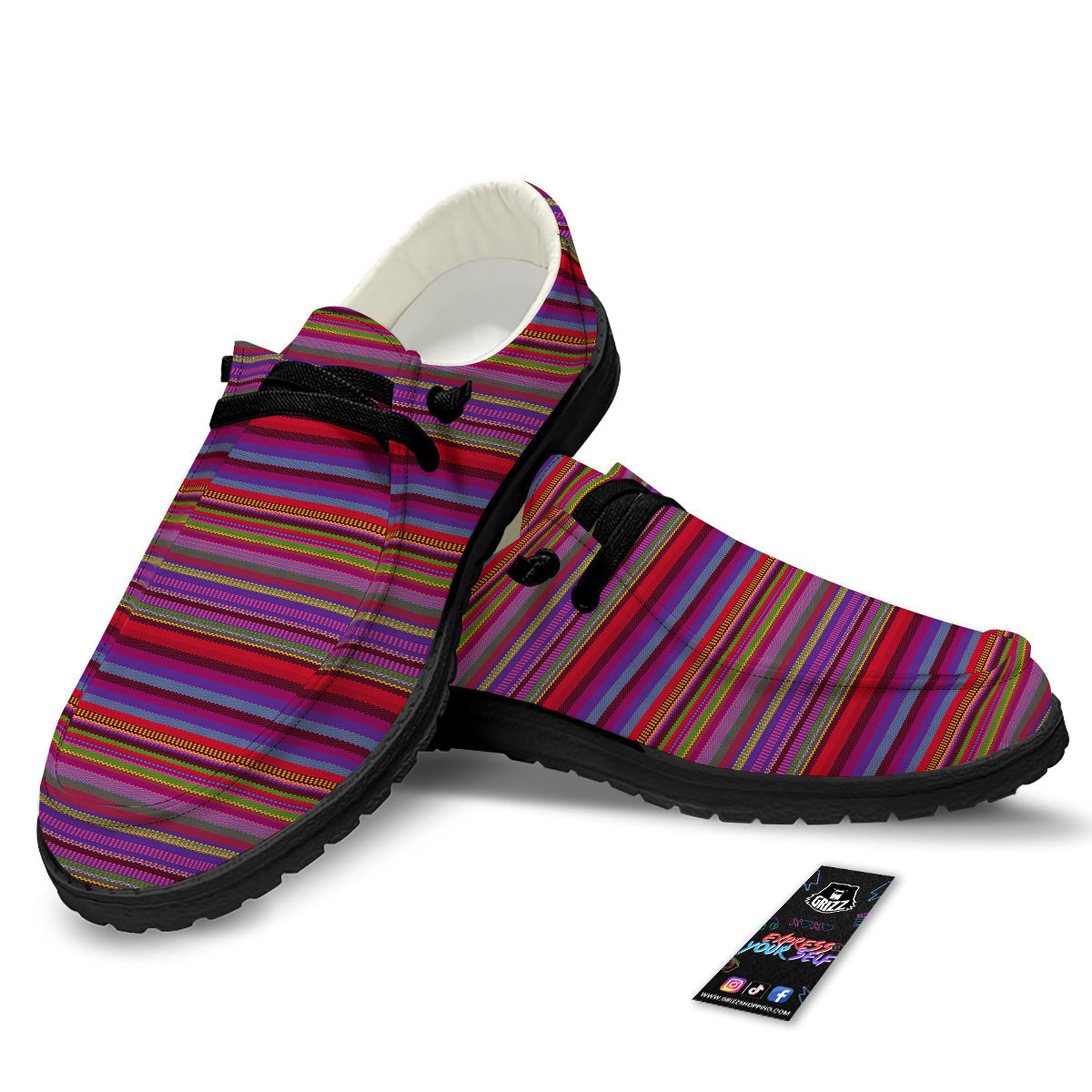 Woven Mexican Colorful Print Pattern Black Loafers-grizzshop