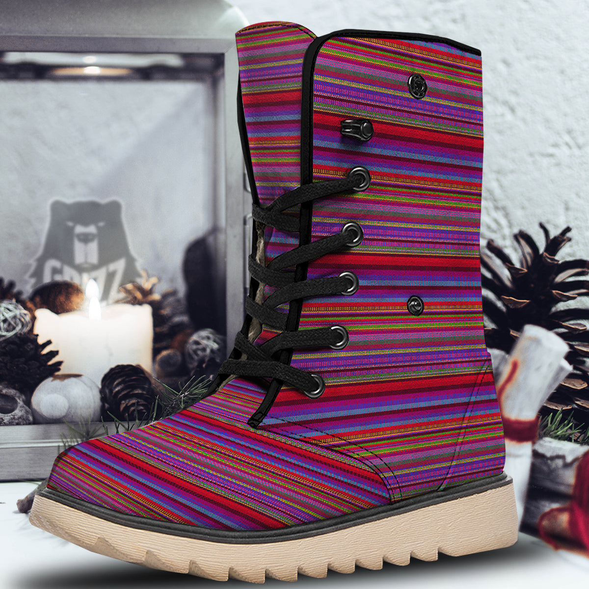Woven Mexican Colorful Print Pattern Snow Boots-grizzshop