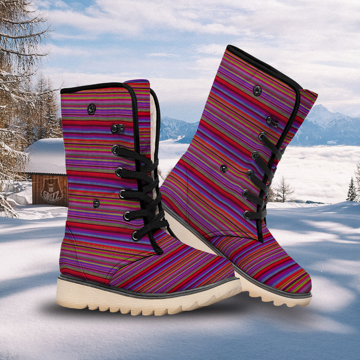 Woven Mexican Colorful Print Pattern Snow Boots-grizzshop