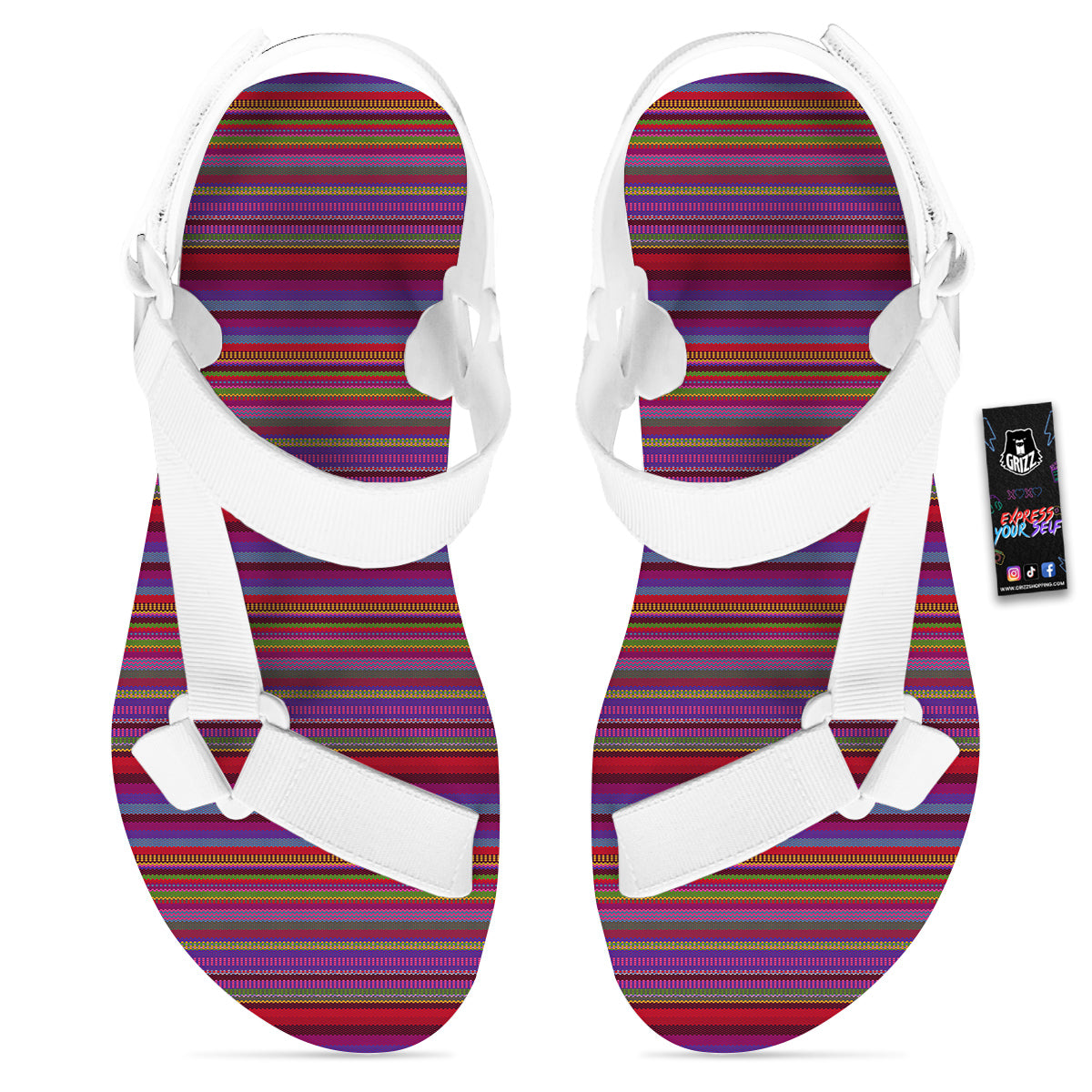Woven Mexican Colorful Print Pattern White Open Toe Sandals-grizzshop