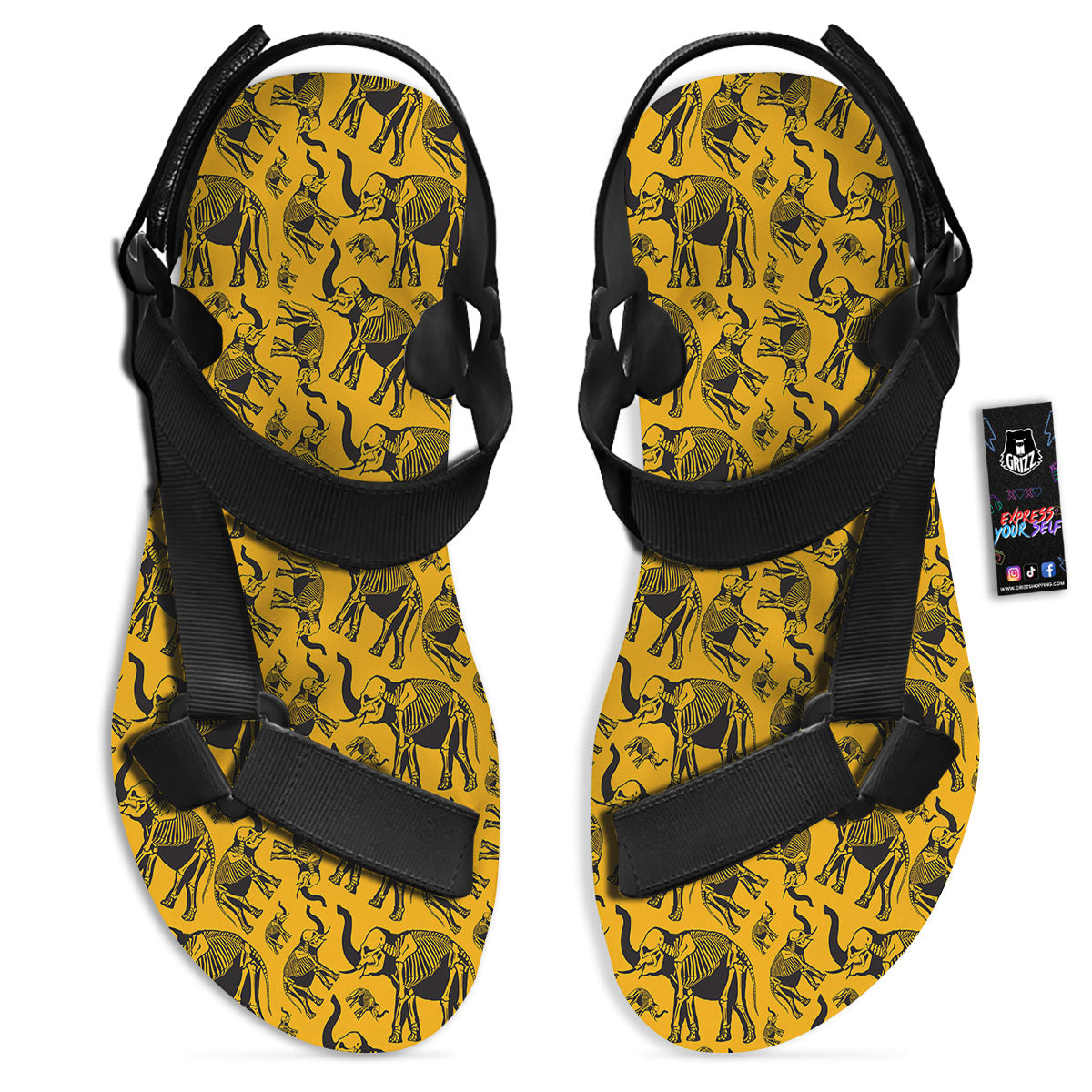 X-Ray Elephant Skeleton Print Pattern Black Open Toe Sandals-grizzshop
