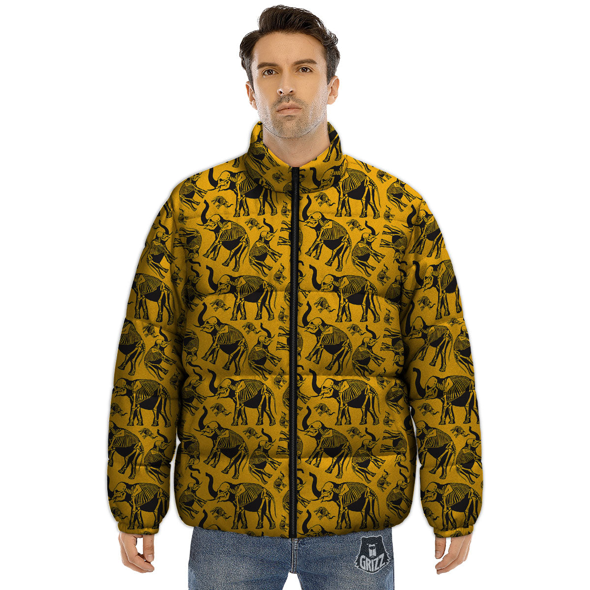 X-Ray Elephant Skeleton Print Pattern Puffer Jacket-grizzshop