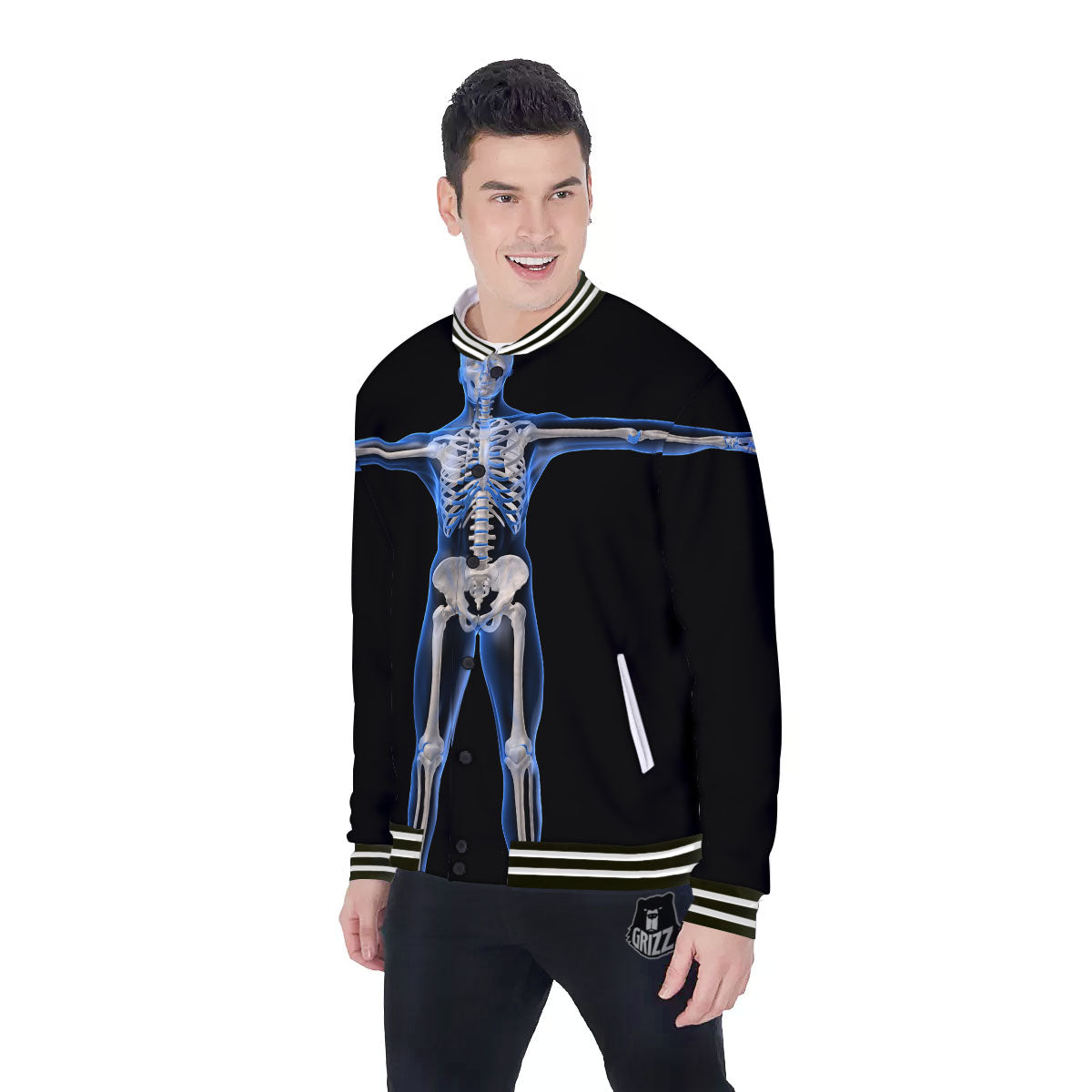 X-Ray Human Skeleton Print Baseball Jacket-grizzshop