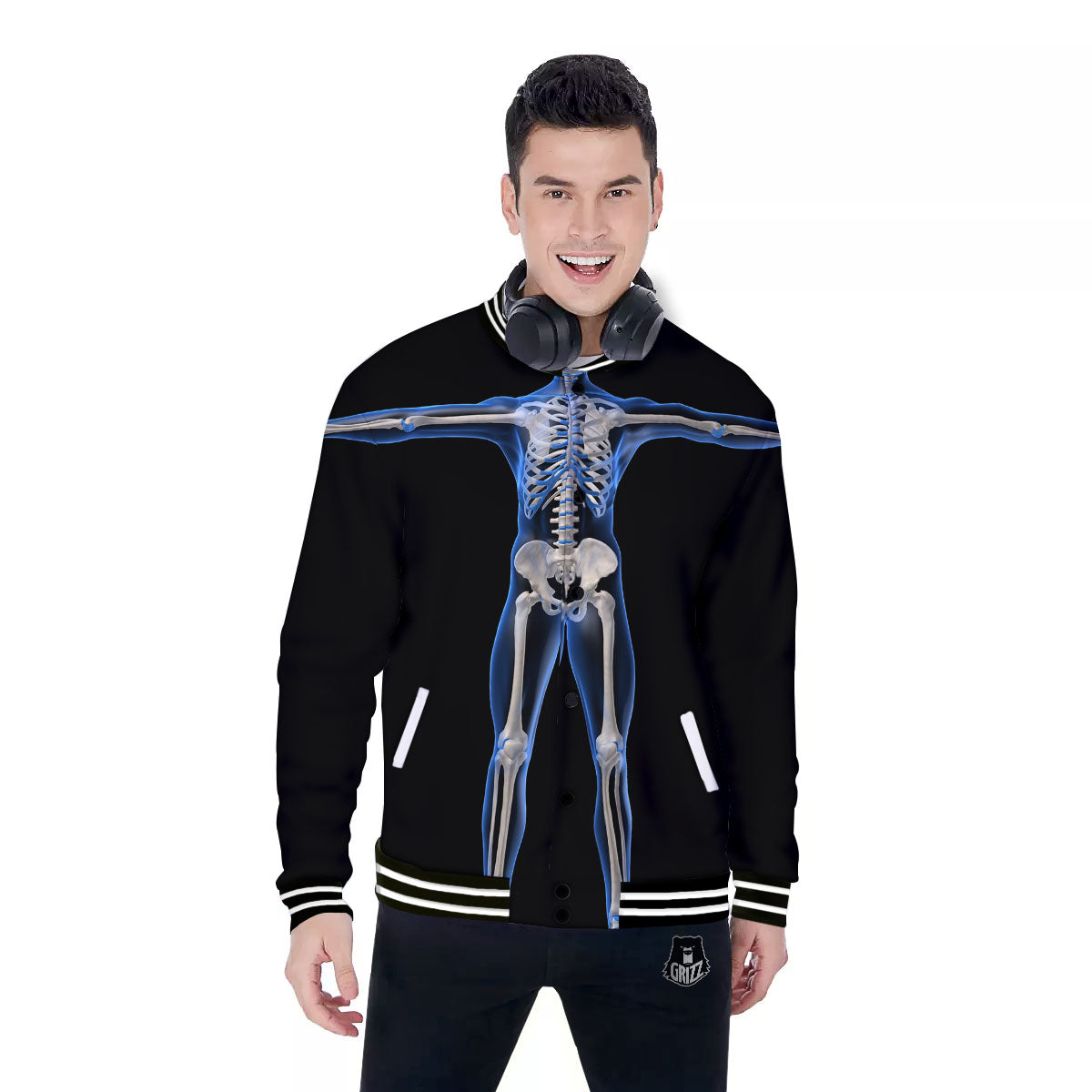 X-Ray Human Skeleton Print Baseball Jacket-grizzshop