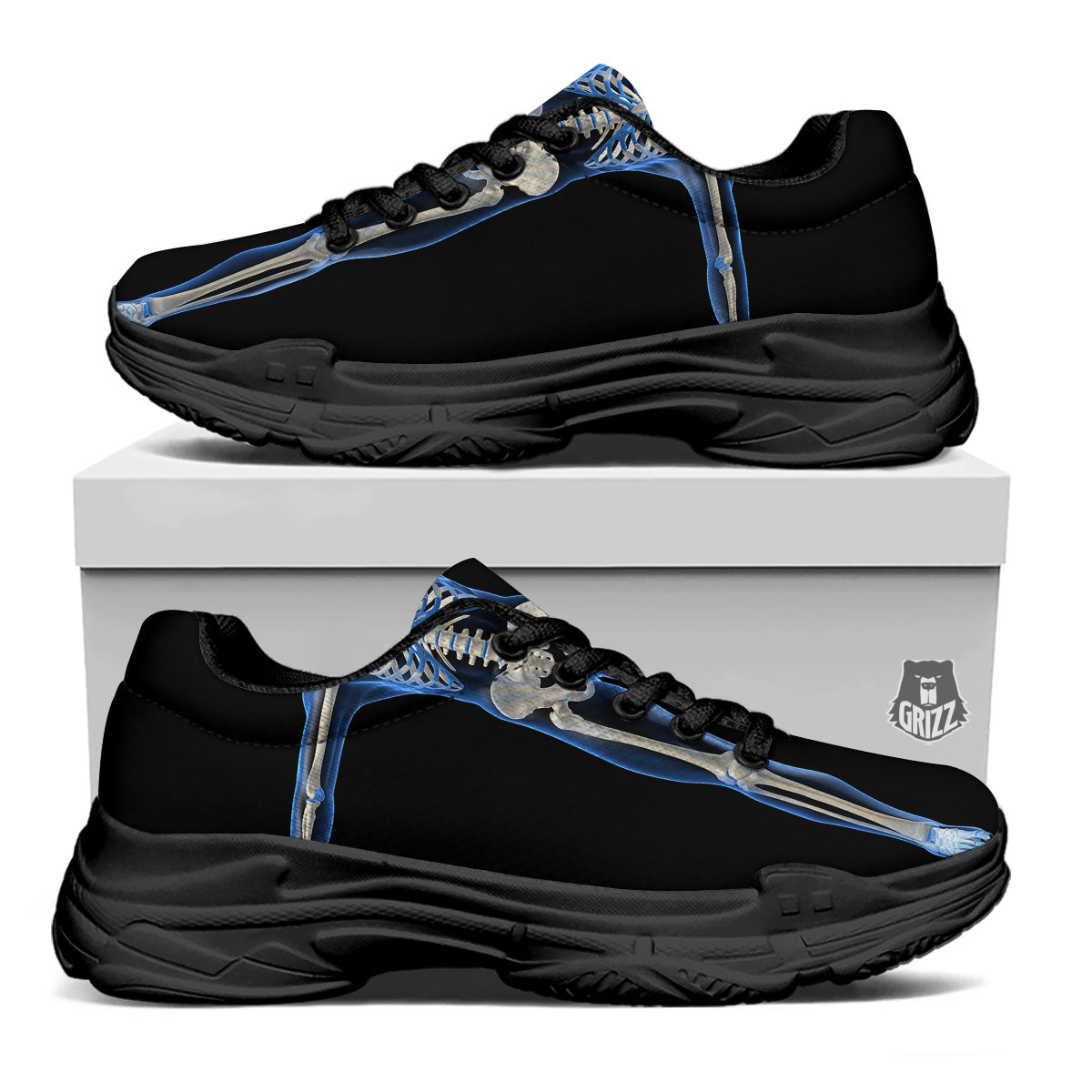 X-Ray Human Skeleton Print Black Chunky Shoes-grizzshop
