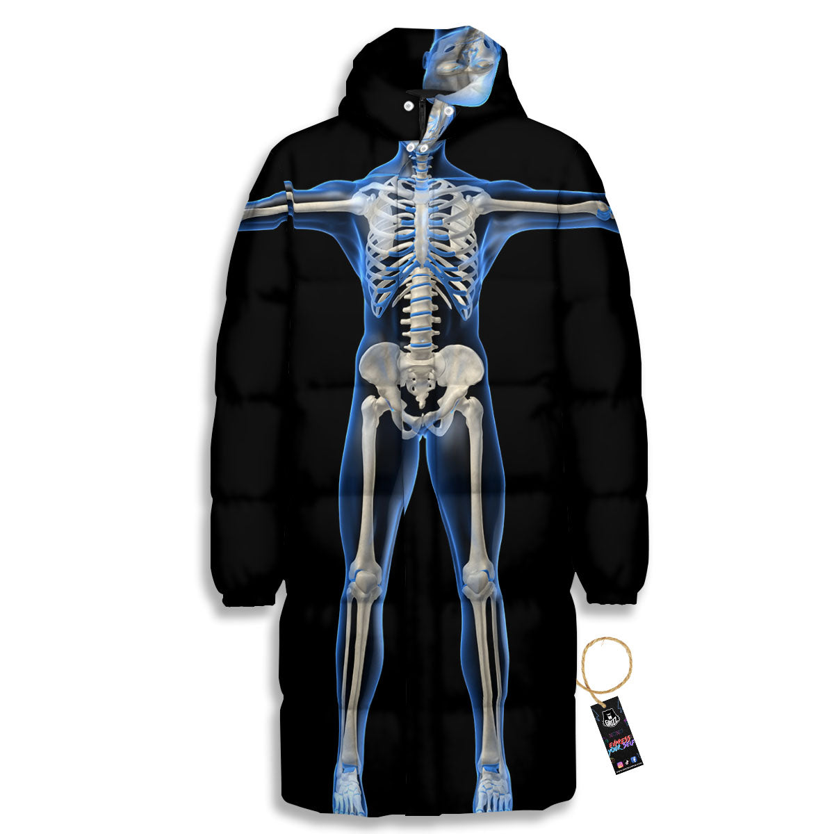 X-Ray Human Skeleton Print Long Down Jacket-grizzshop
