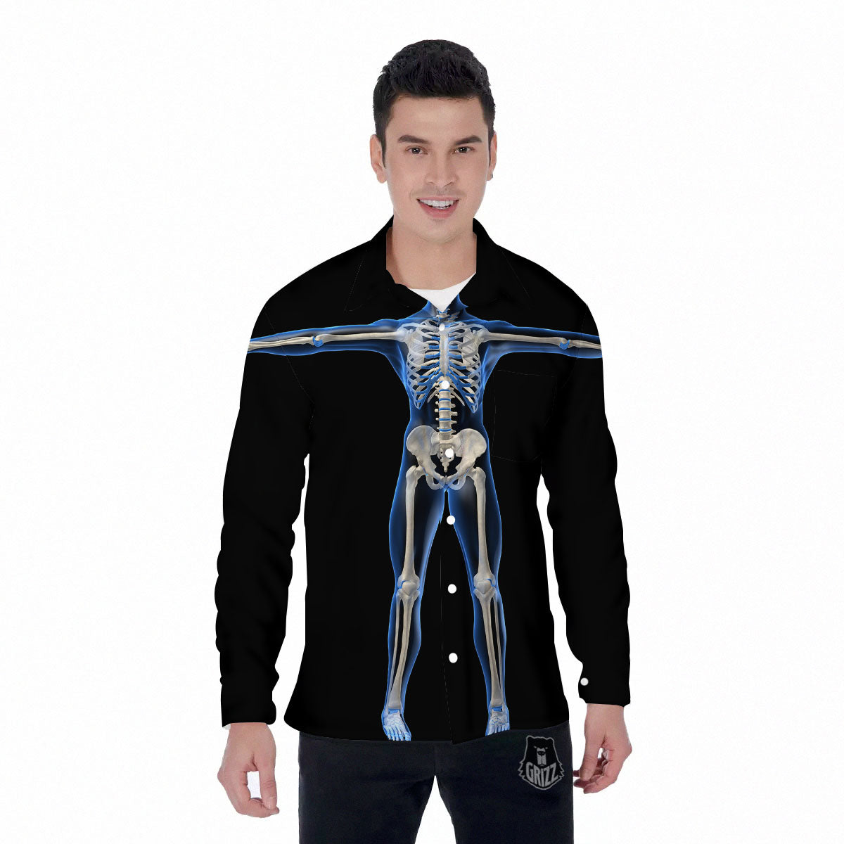 X-Ray Human Skeleton Print Men's Long Sleeve Shirts-grizzshop