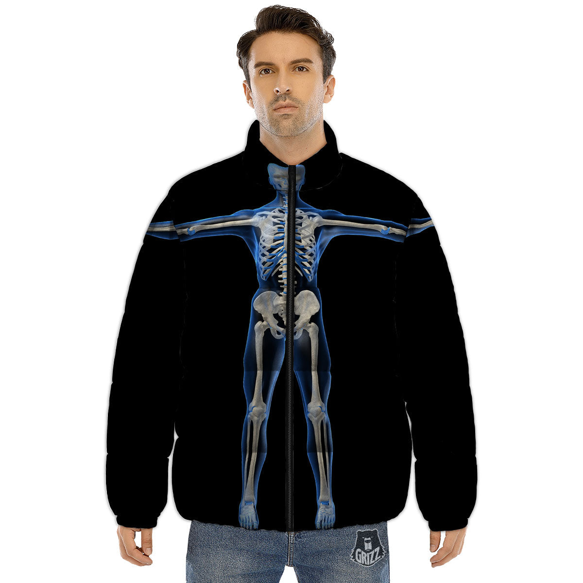 X-Ray Human Skeleton Print Puffer Jacket-grizzshop