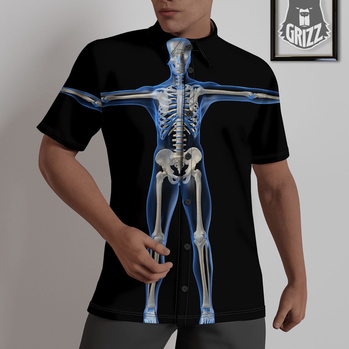 X-Ray Human Skeleton Print Untucked Shirts-grizzshop