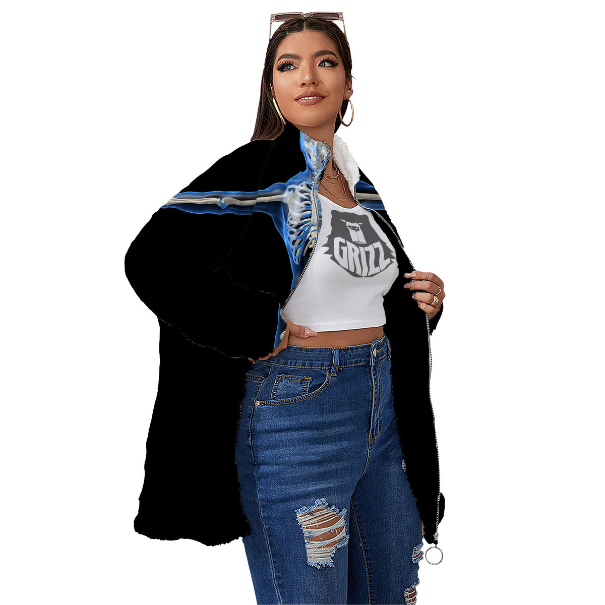 X-Ray Human Skeleton Print Women's Sherpa Jacket-grizzshop