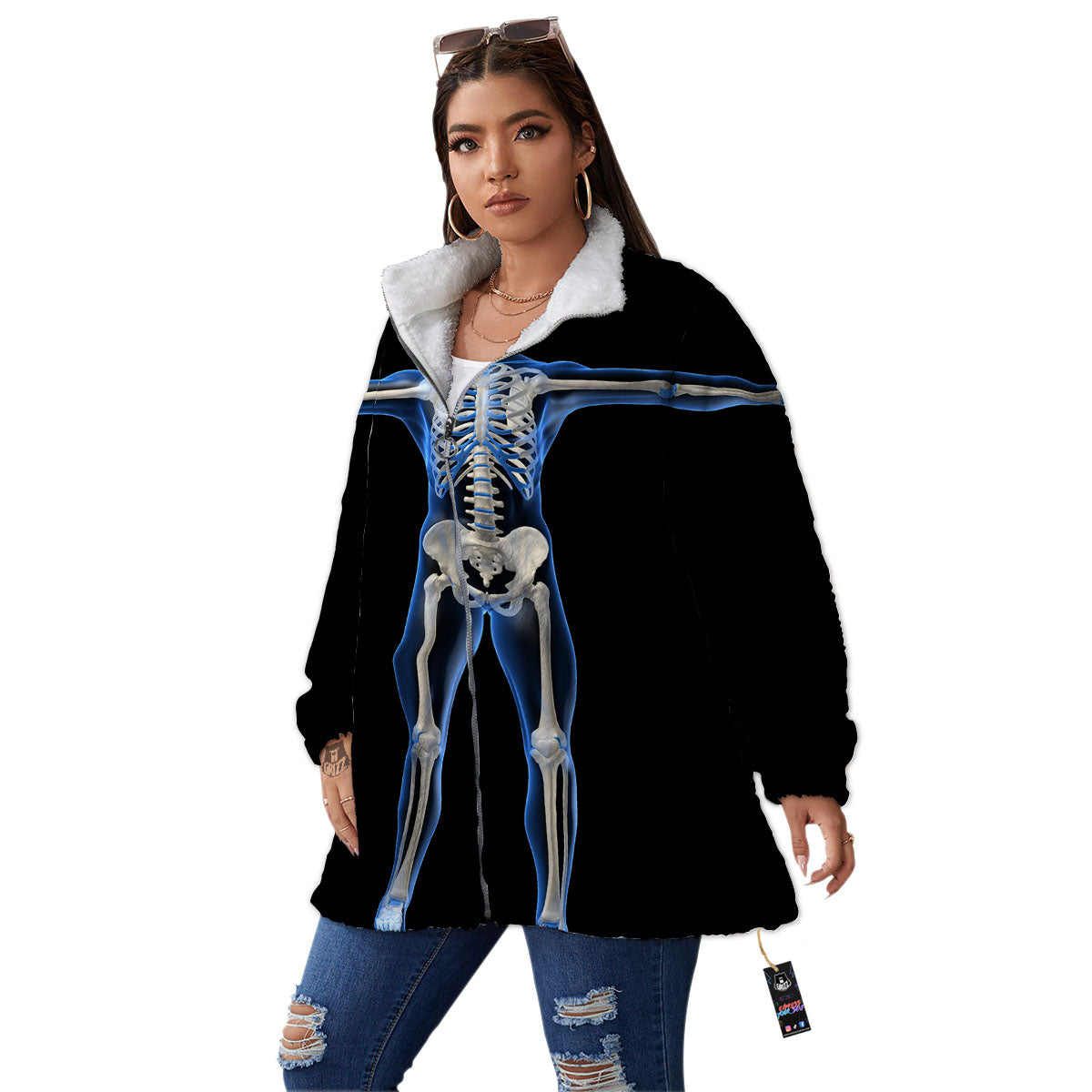 X-Ray Human Skeleton Print Women's Sherpa Jacket-grizzshop