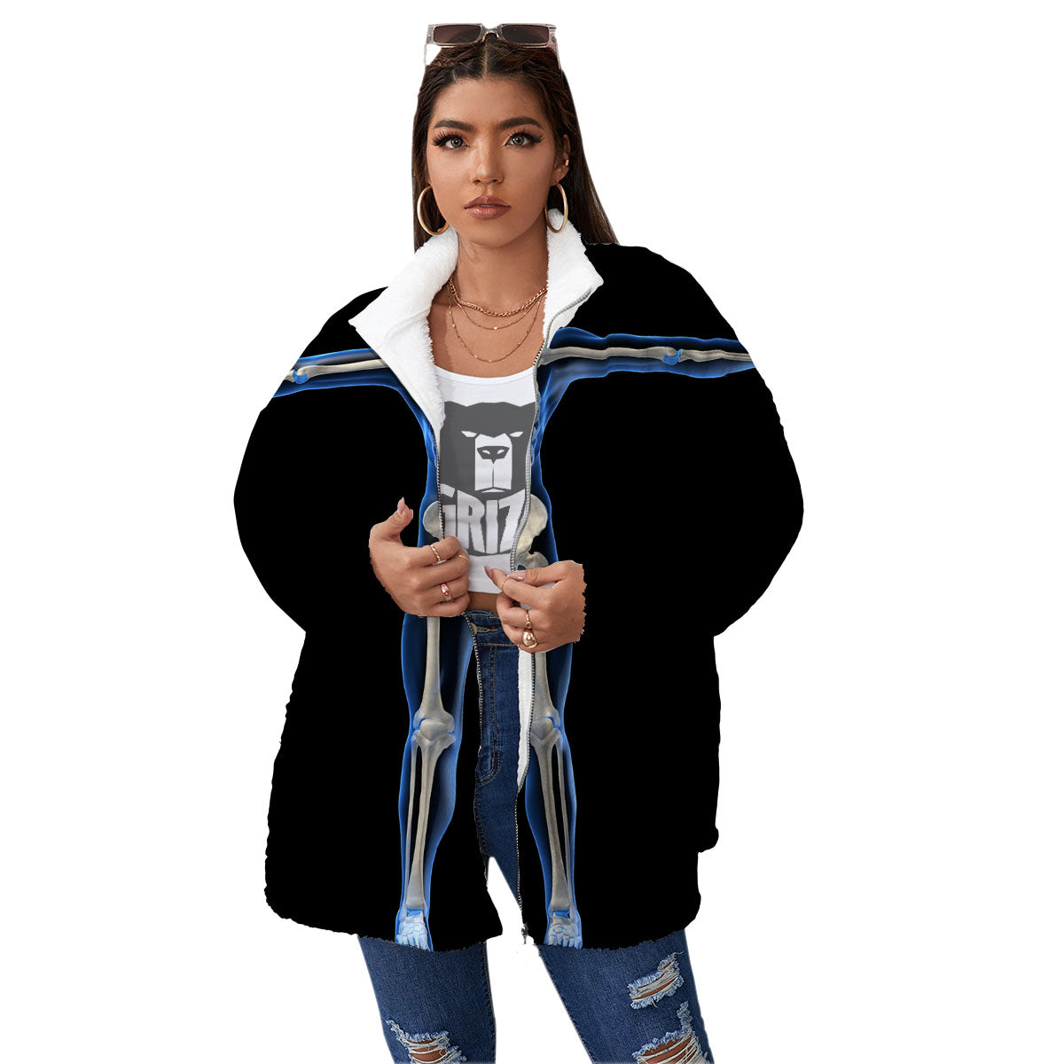X-Ray Human Skeleton Print Women's Sherpa Jacket-grizzshop