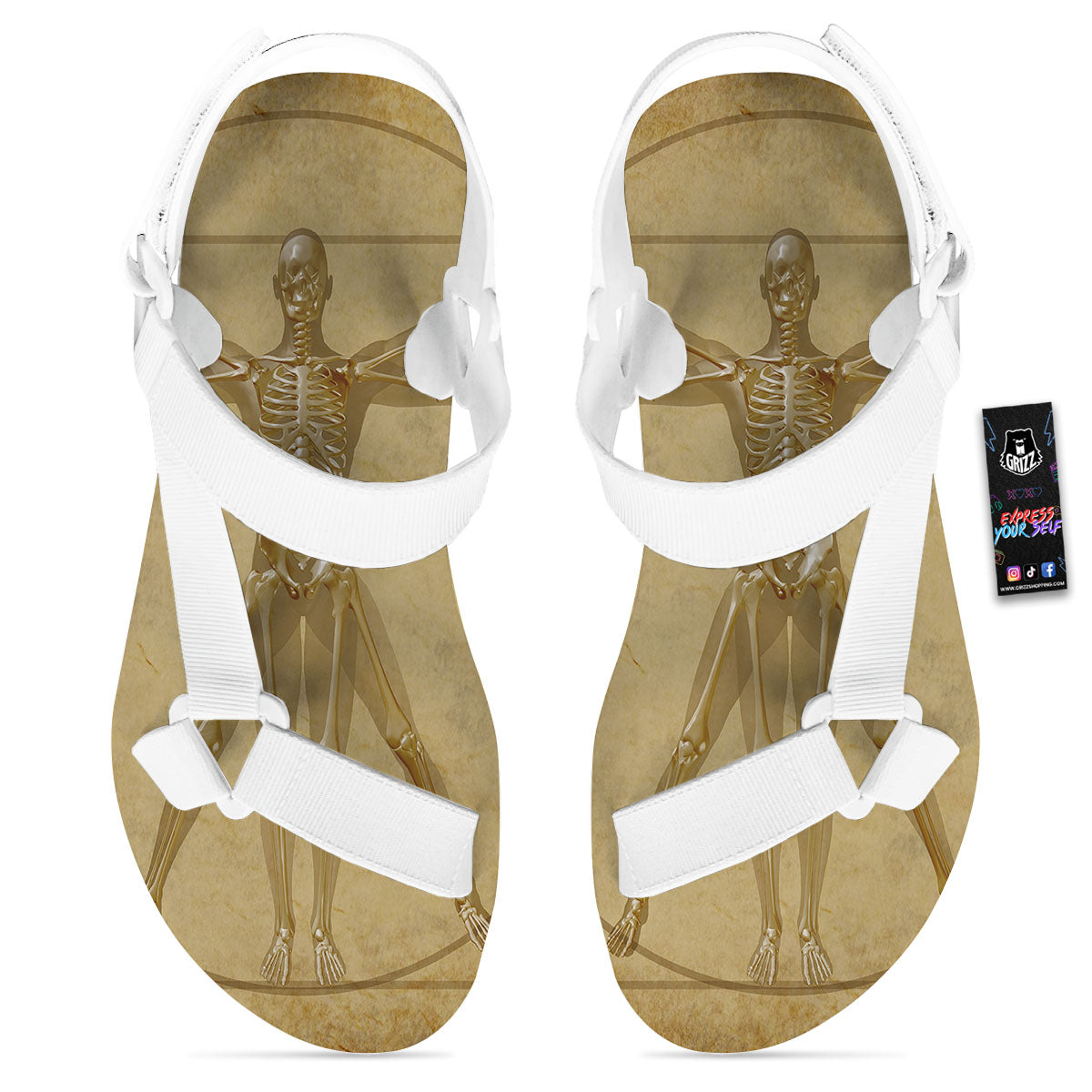 X-Ray Vitruvian Man Print White Open Toe Sandals-grizzshop