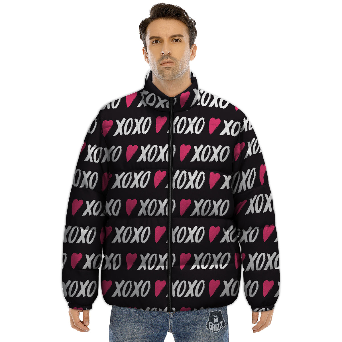 XOXO Valentine's Day Print Pattern Puffer Jacket-grizzshop